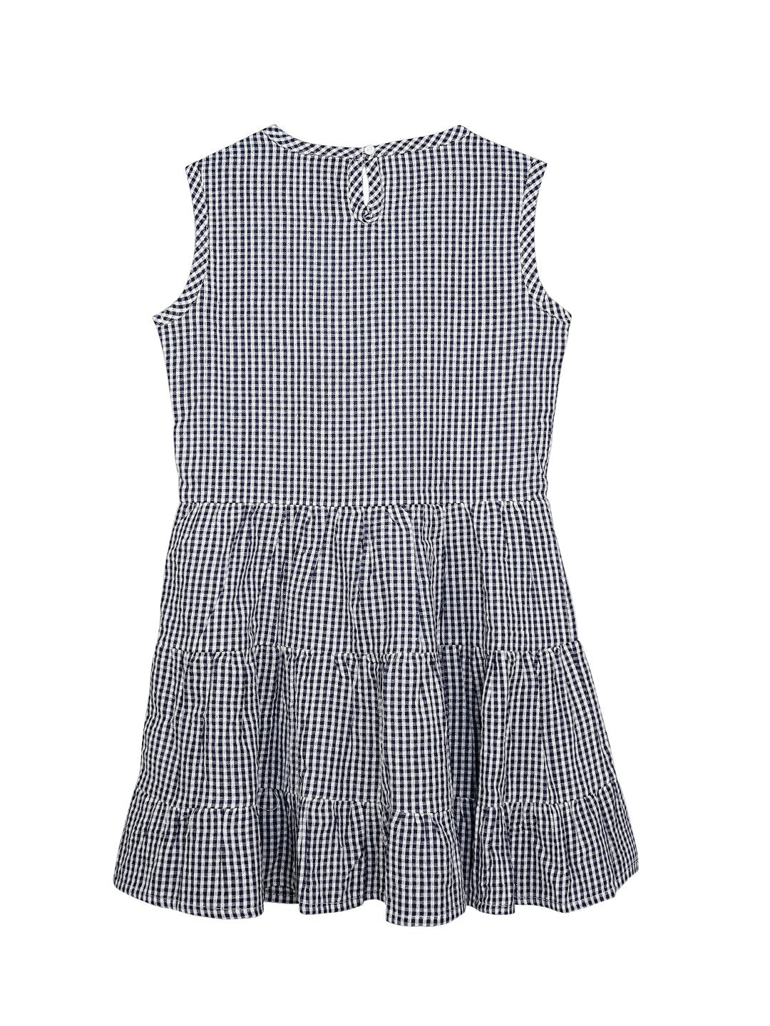 Ishin Girls Cotton White & Blue Checkered Flared Dress