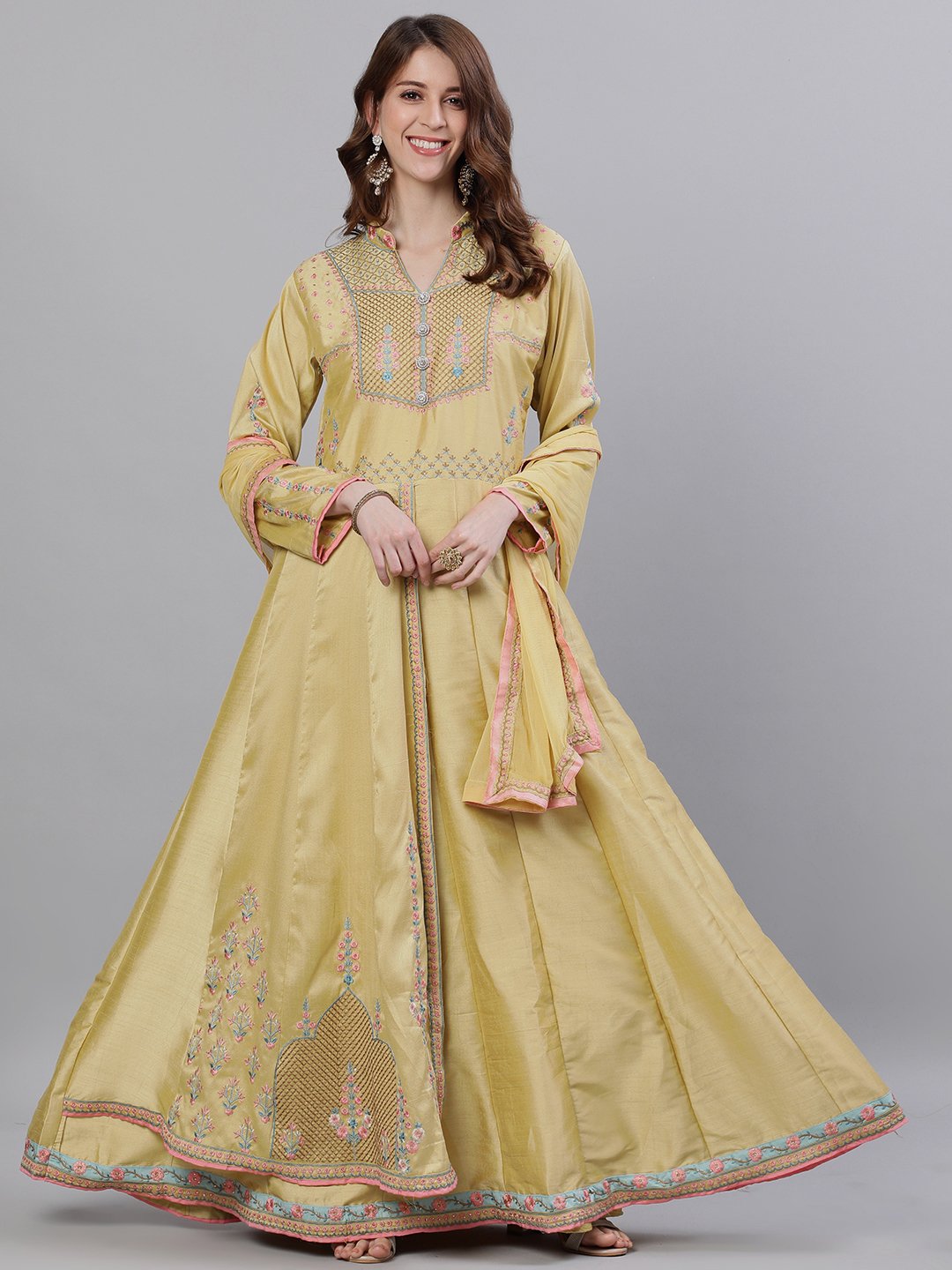 Ishin Women's Silk Gold Embroidered Anarkali Kurta With Dupatta