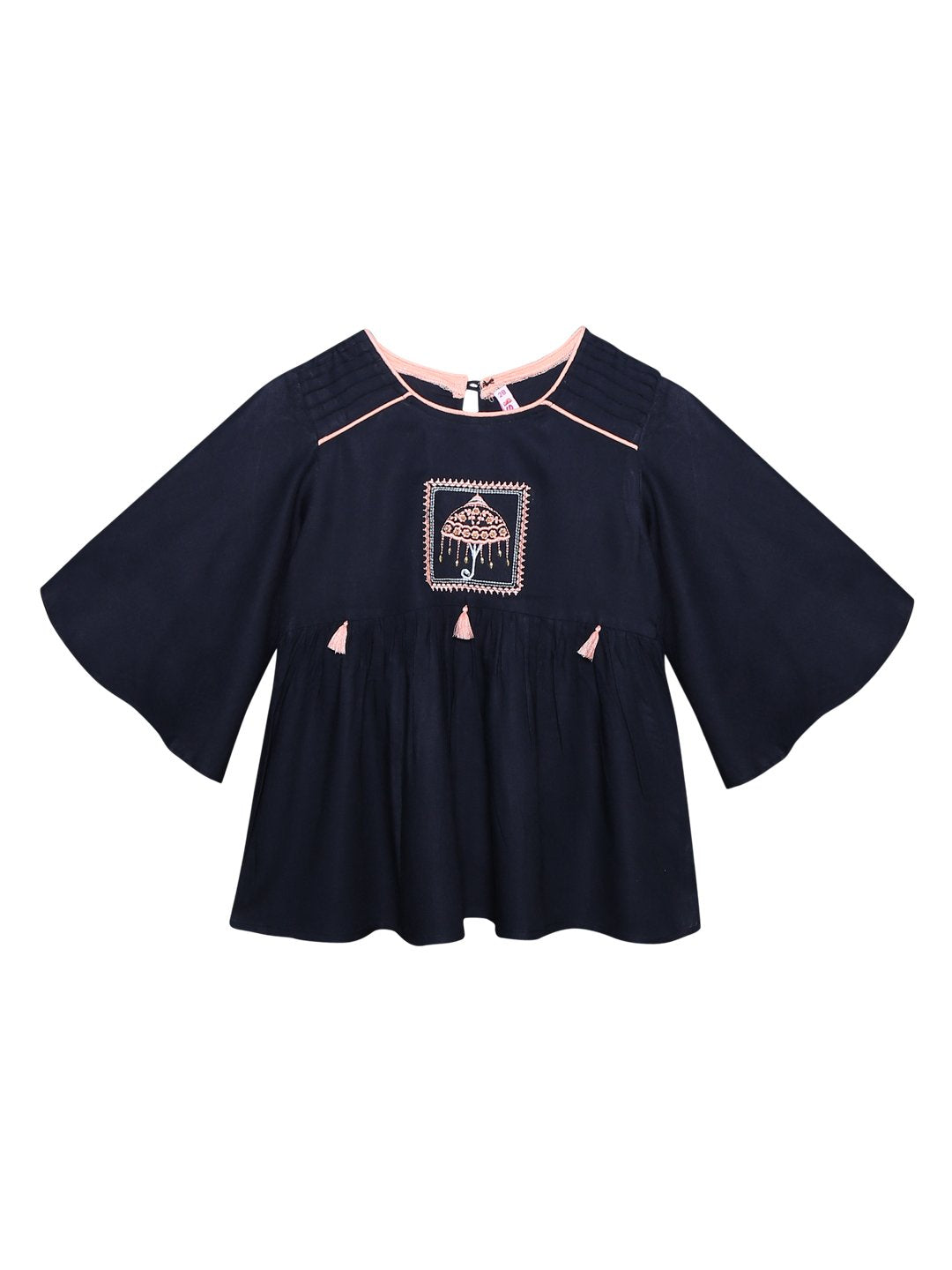 Ishin Girls Viscose Rayon Navy Blue Embroidered Top