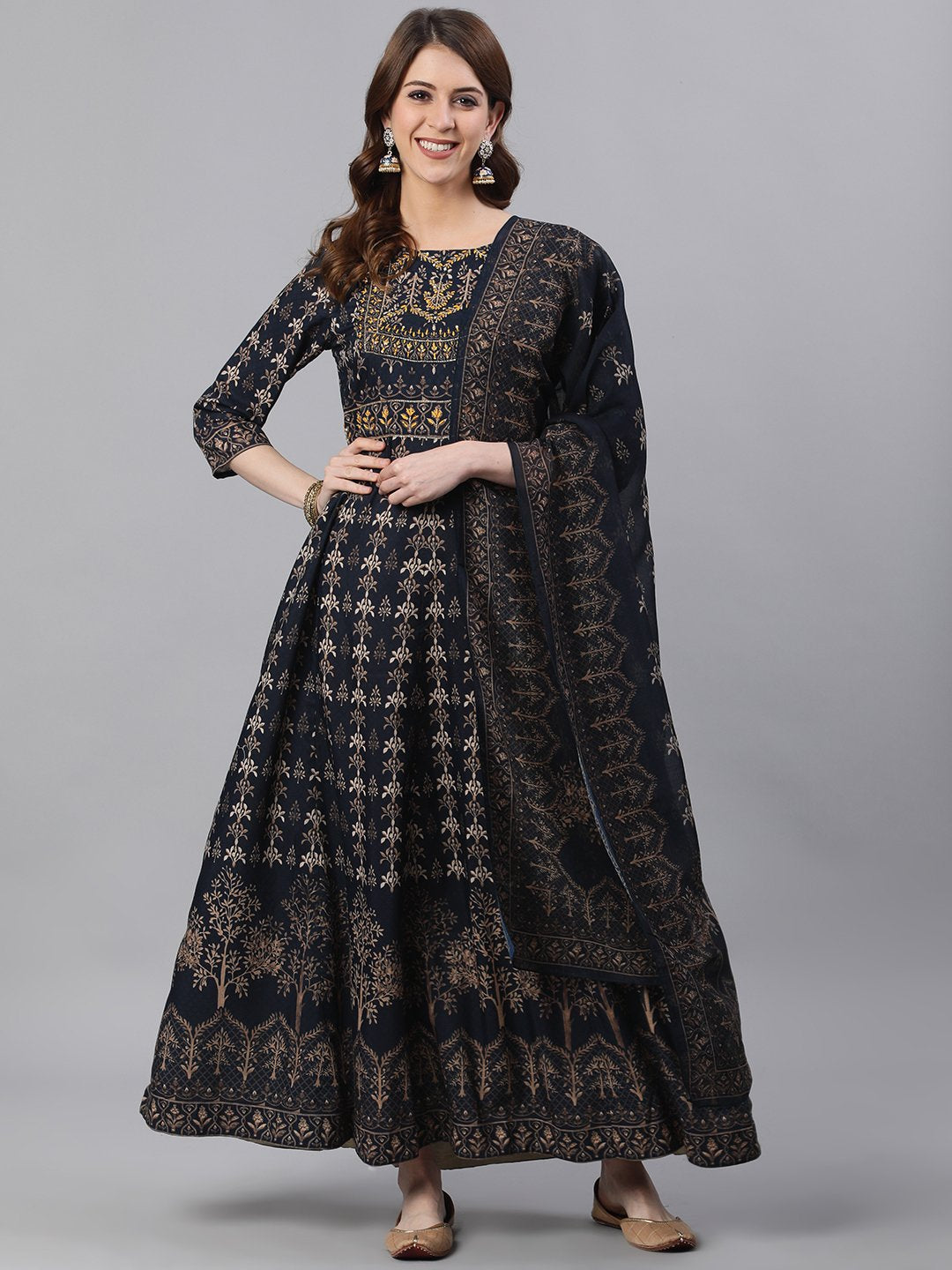 Ishin Women's Silk Navy Blue Embroidered Anarkali Kurta With Dupatta