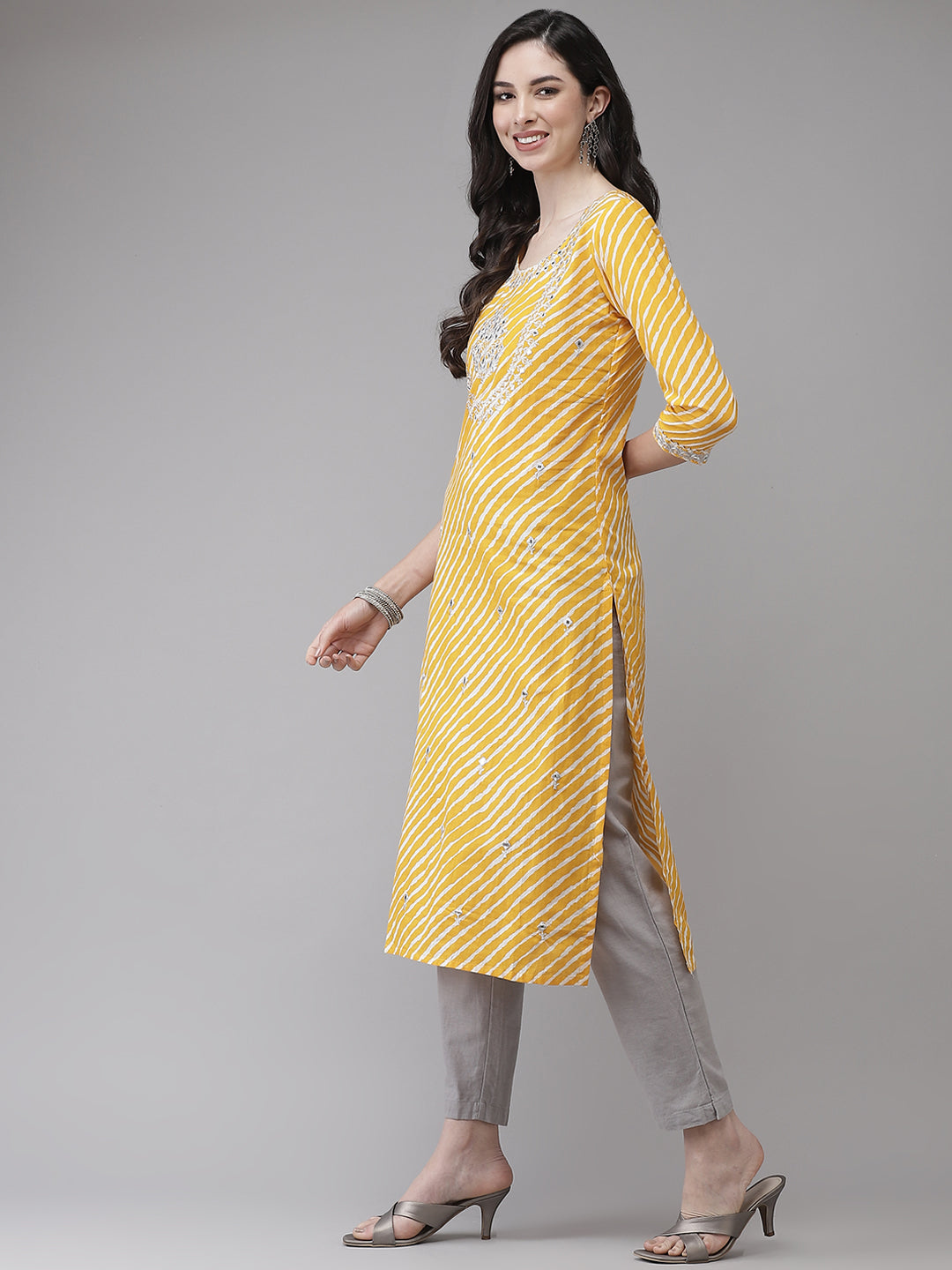 Ishin Women's Cotton Mustard Yellow Embroidered A-Line Leheriya Kurta