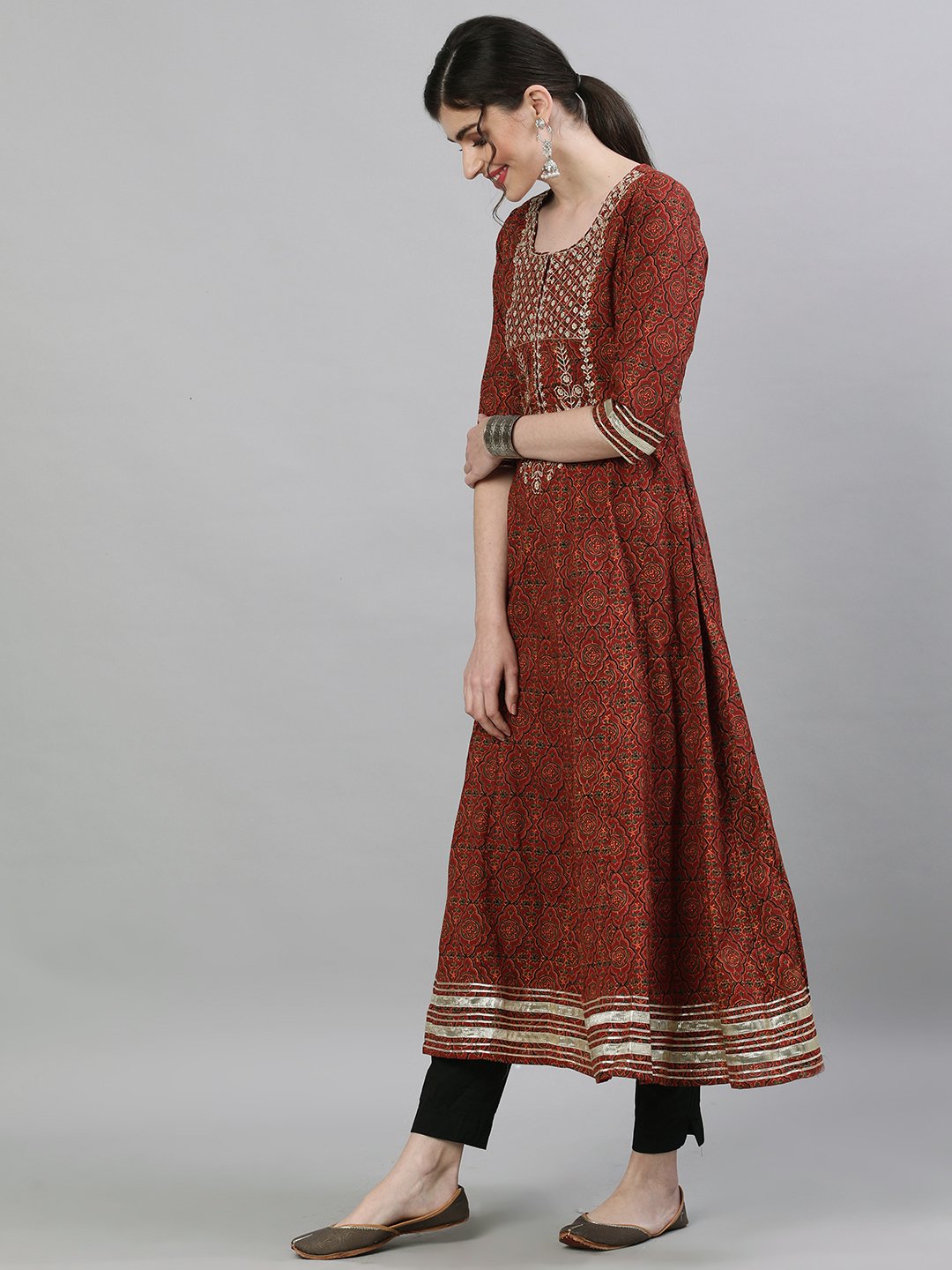 Ishin Women's Cotton Brown Yoke Embroidered Anarkali Kurta