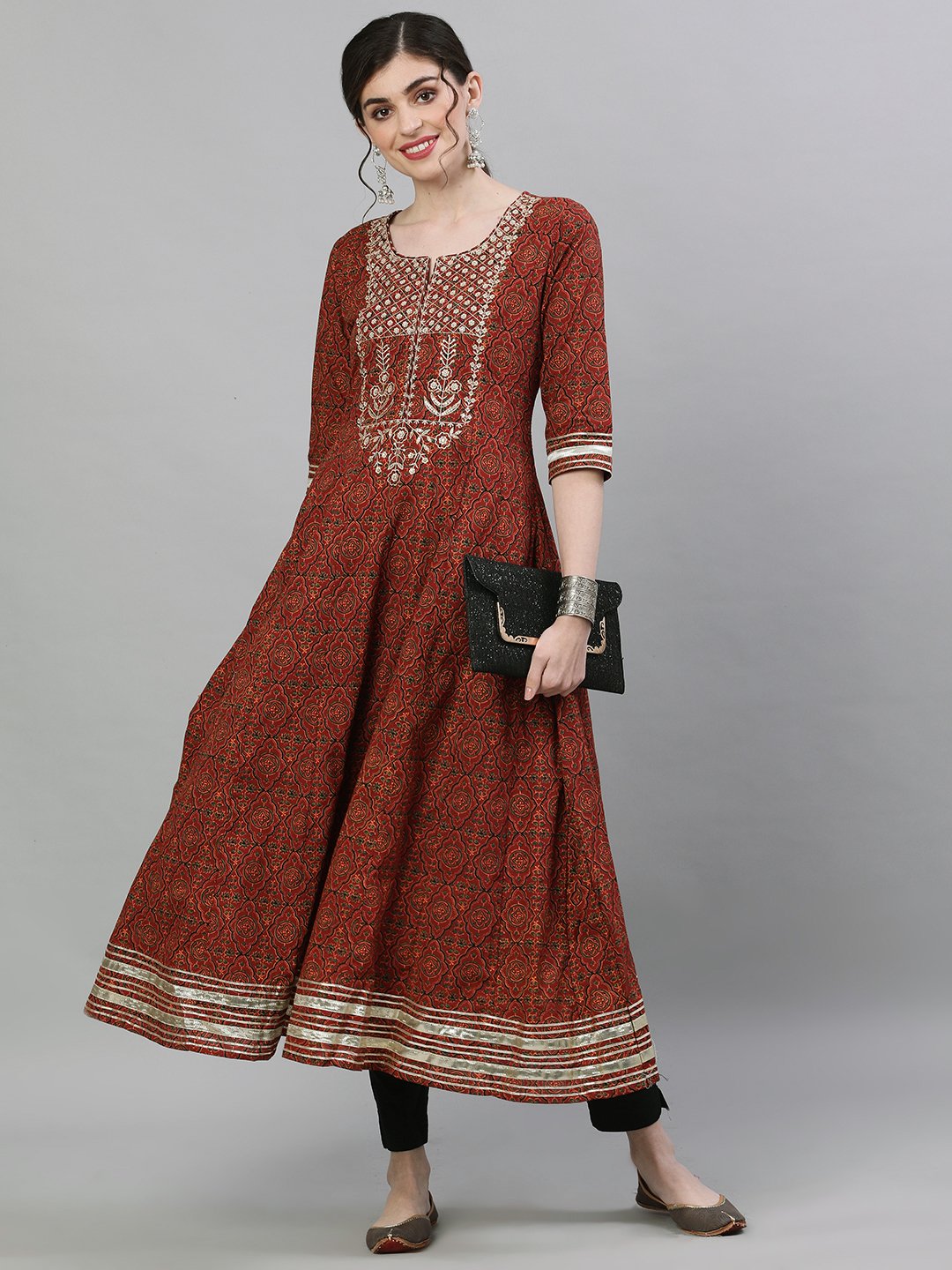 Ishin Women's Cotton Brown Yoke Embroidered Anarkali Kurta