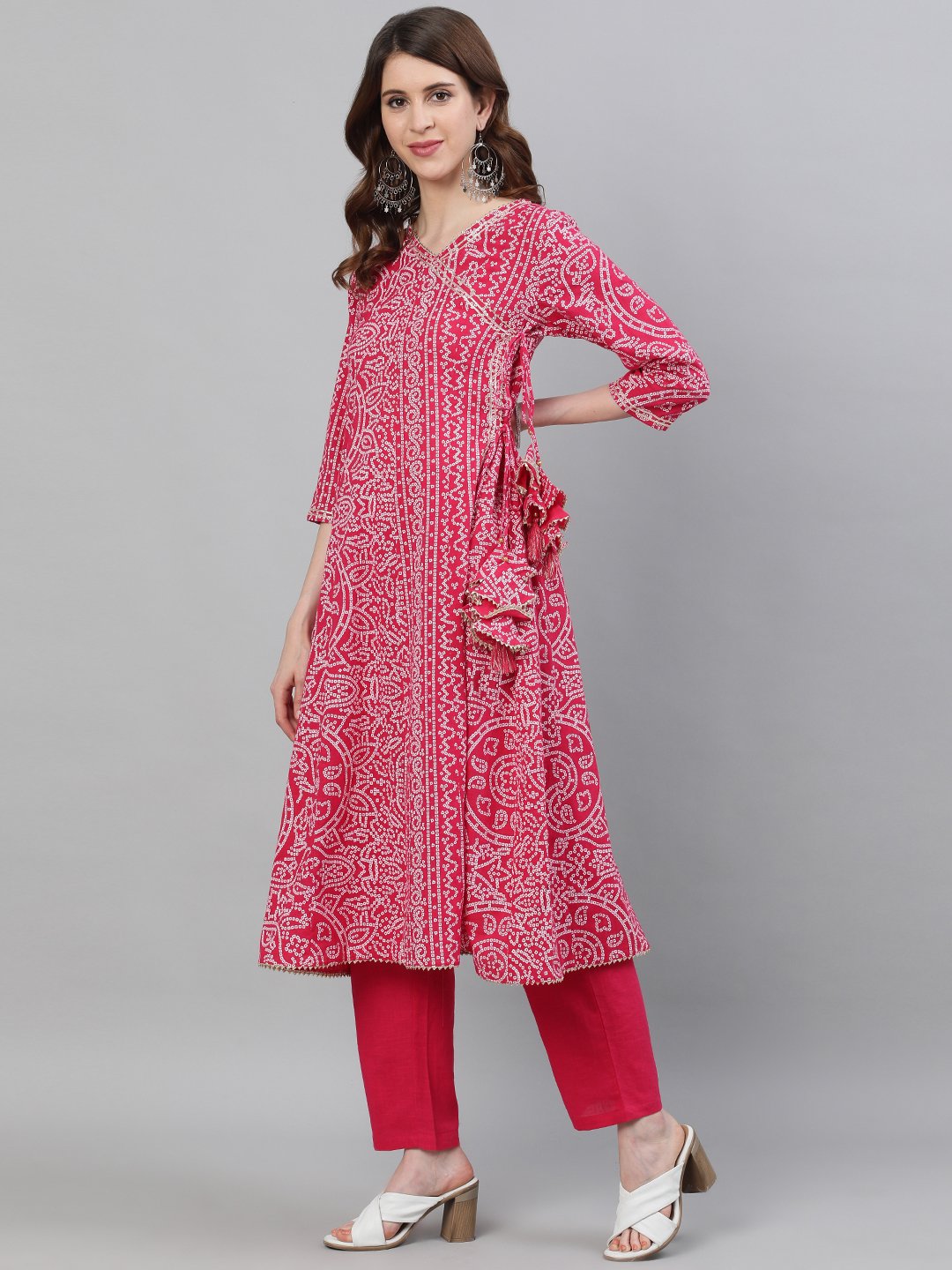 Ishin Women's Cotton Pink Bandhani Printed Anarkali Kurta