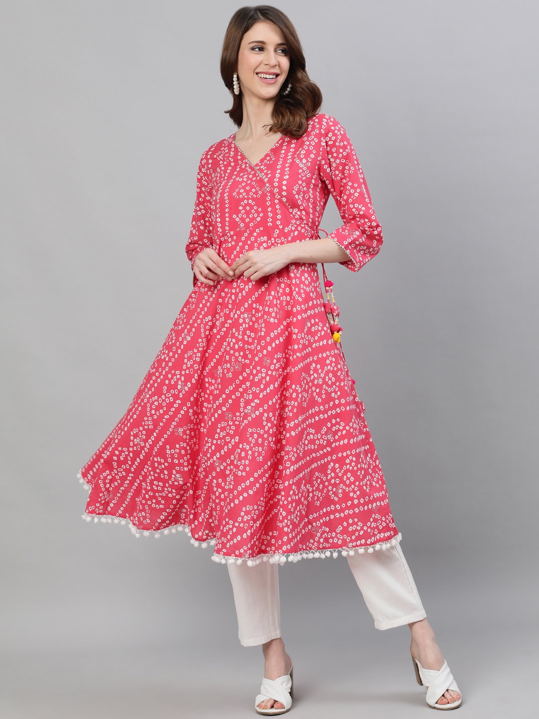 Ishin Women's Cotton Pink Bandhani Printed Anarkali Kurta