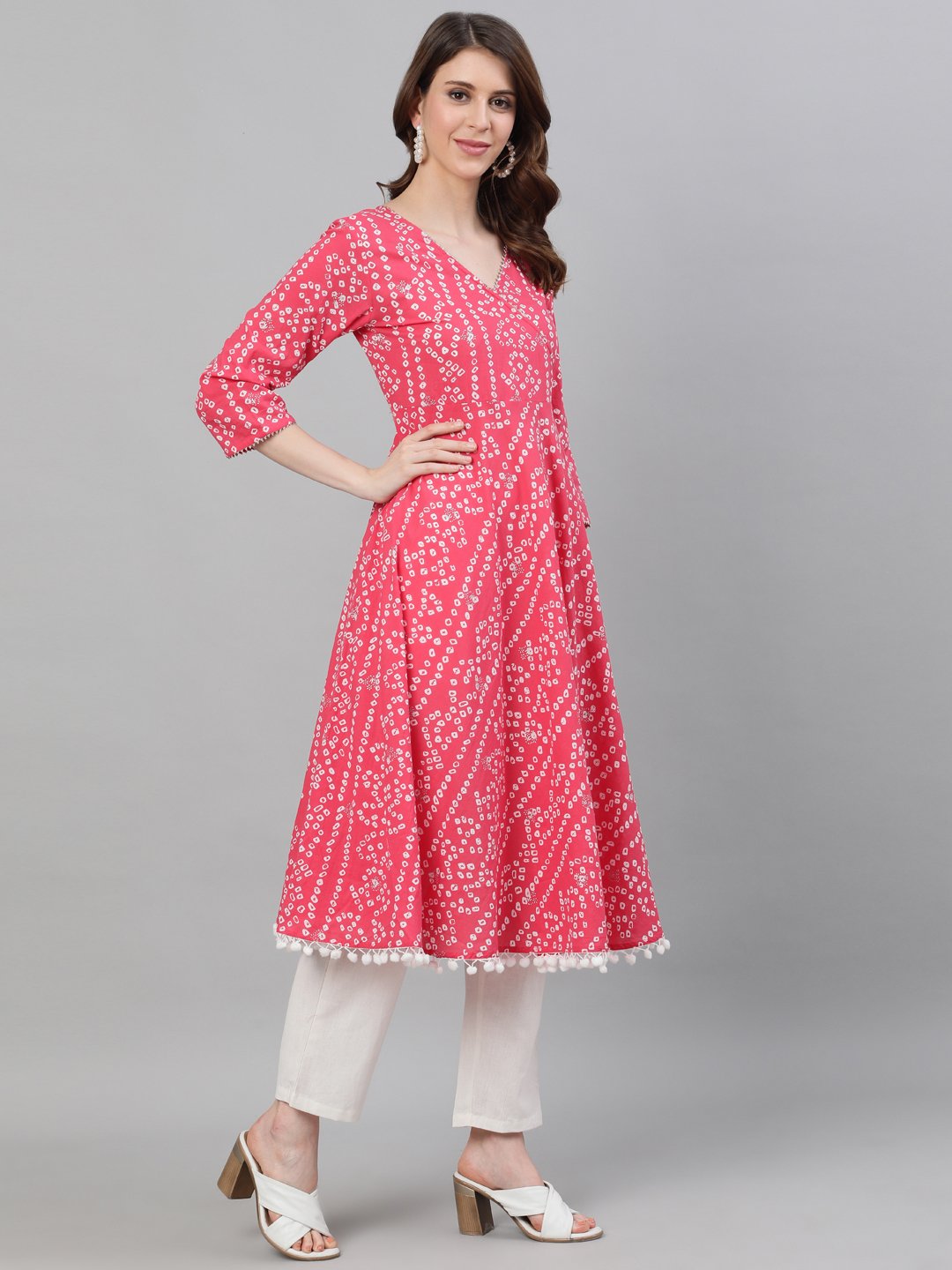 Ishin Women's Cotton Pink Bandhani Printed Anarkali Kurta