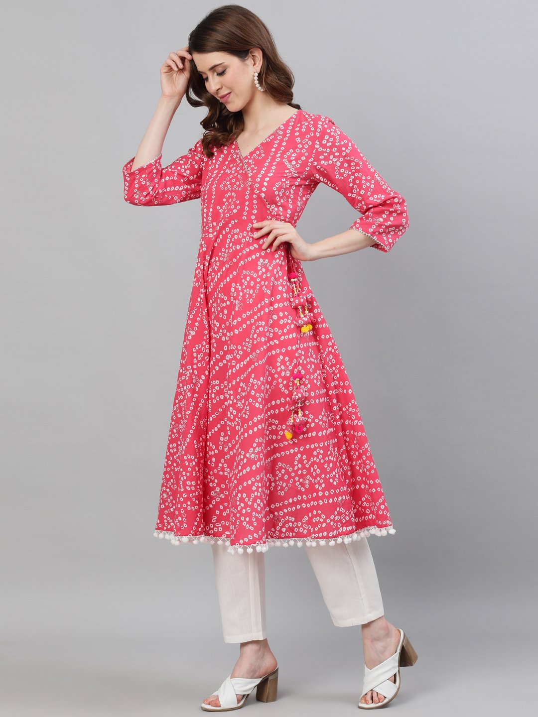 Ishin Women's Cotton Pink Bandhani Printed Anarkali Kurta