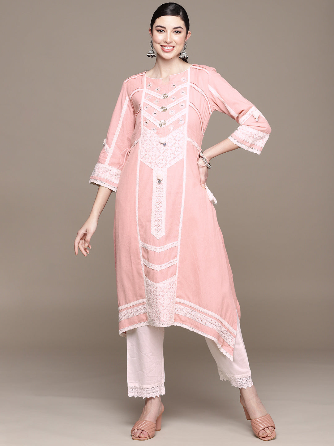 Ishin Women's Cotton Pink Embroidered A-Line Asymmetric Kurta