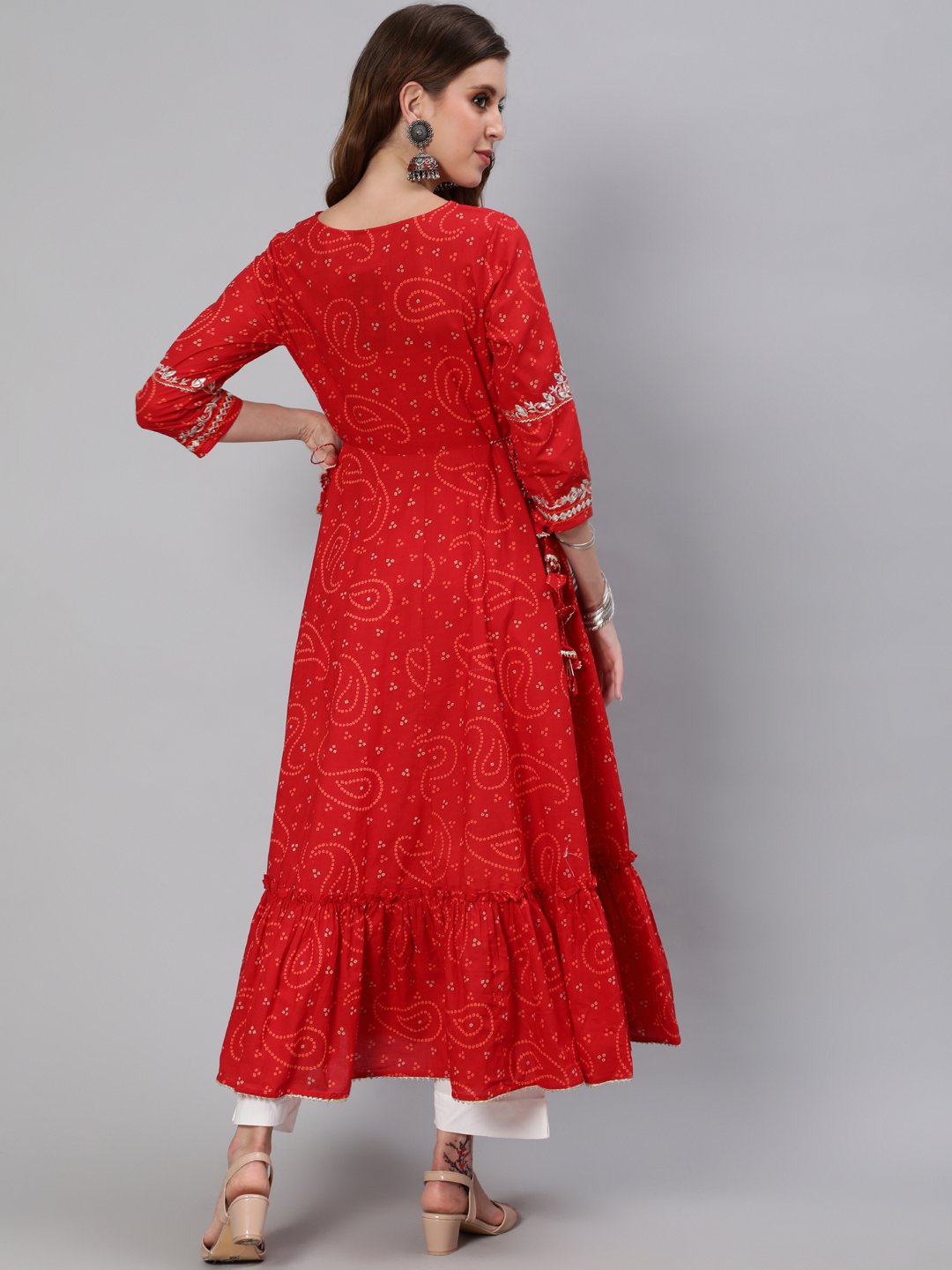 Ishin Women's Cotton Red Yoke Design Embroidered Anarkali Tiered Kurta