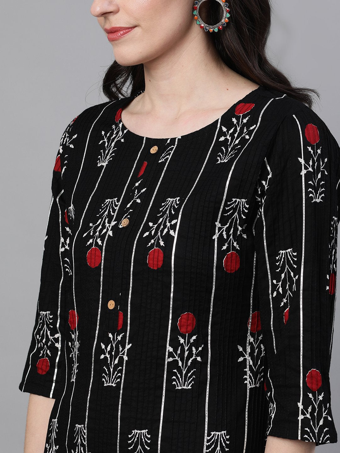 Ishin Women's Cotton Black Printed With Gota Patti A-Line Pintex Kurta