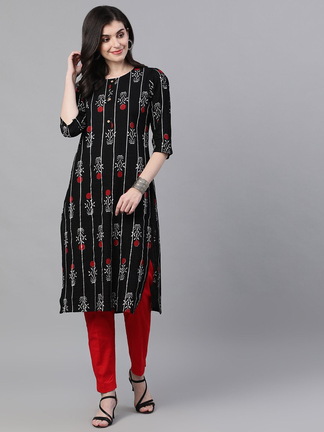 Ishin Women's Cotton Black Printed With Gota Patti A-Line Pintex Kurta