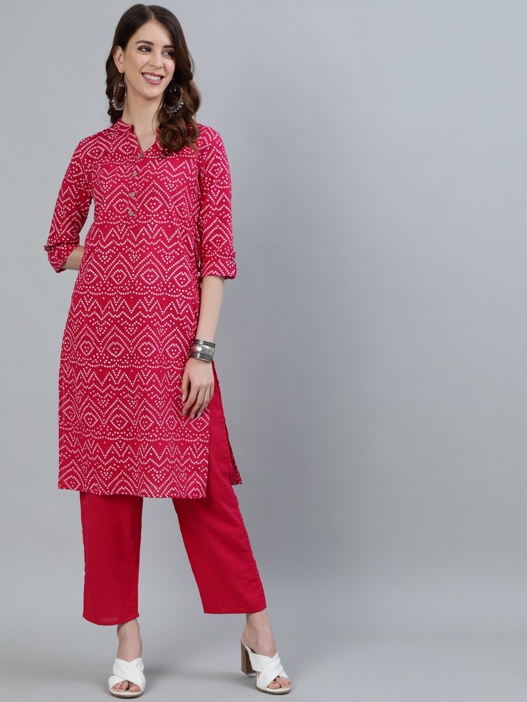 Ishin Women's Pink Bandhani Straight Kurta With Trouser