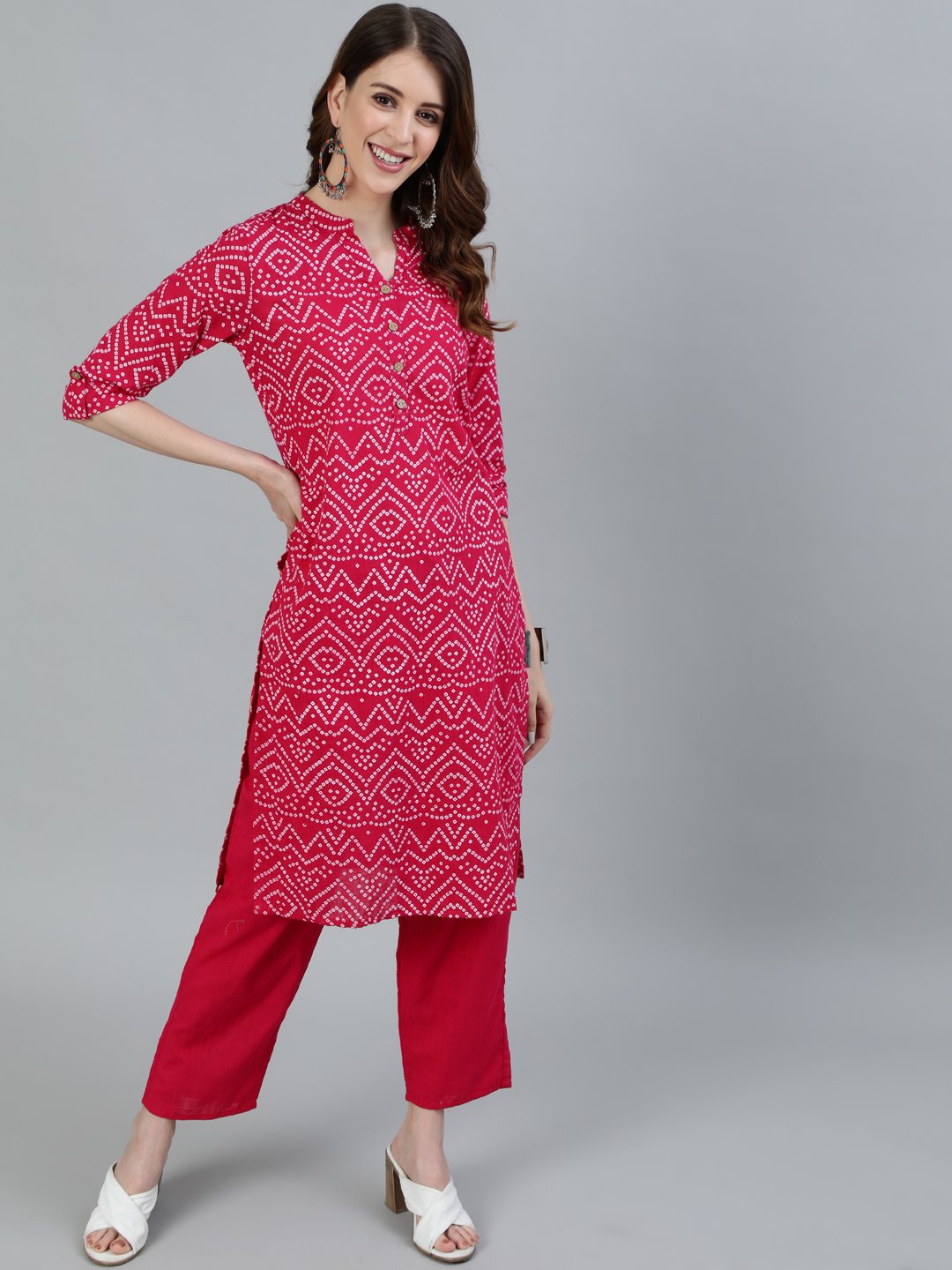 Ishin Women's Pink Bandhani Straight Kurta With Trouser