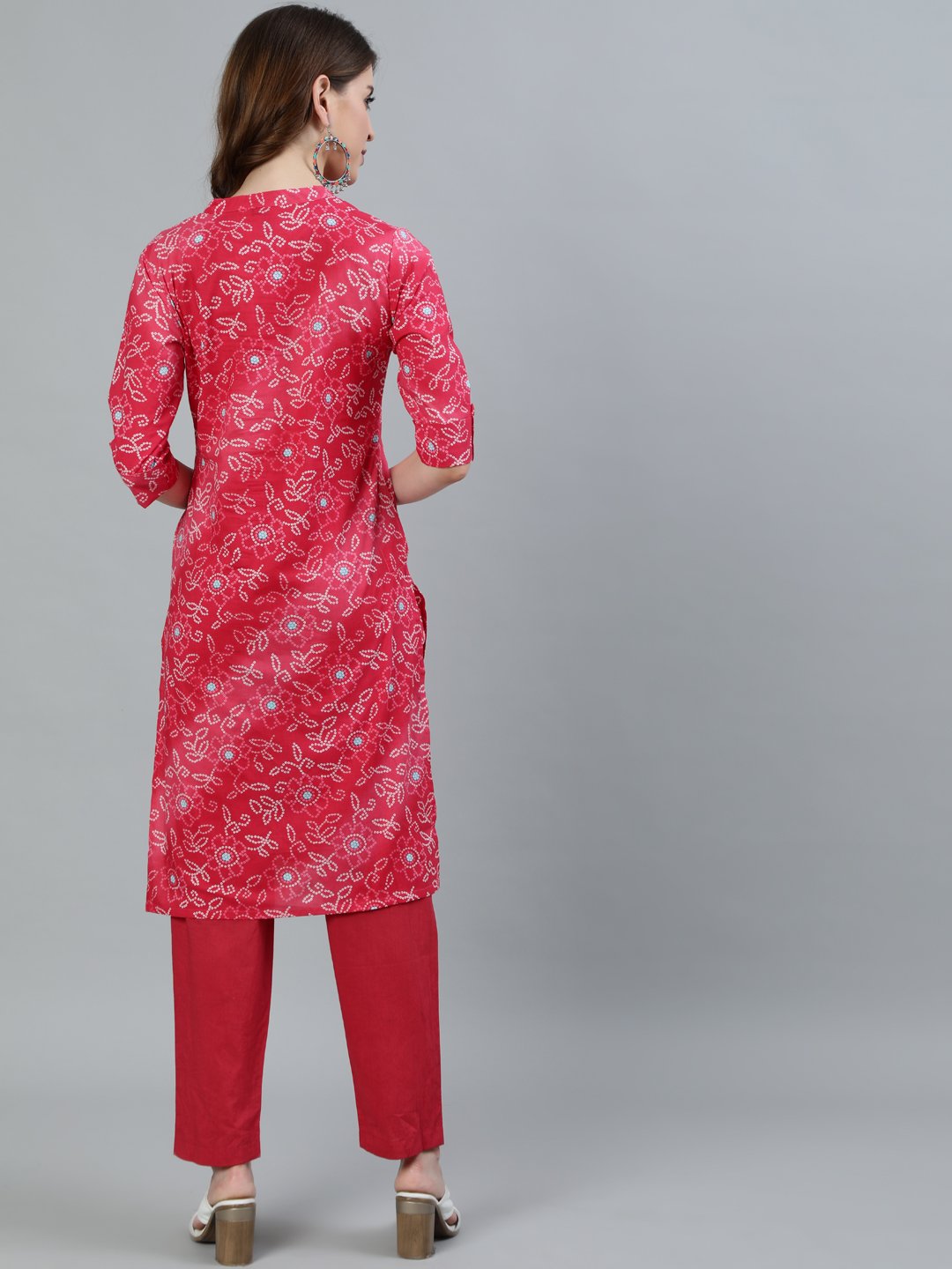 Ishin Women's Pink Bandhani Printed Straight Kurta With Trouser