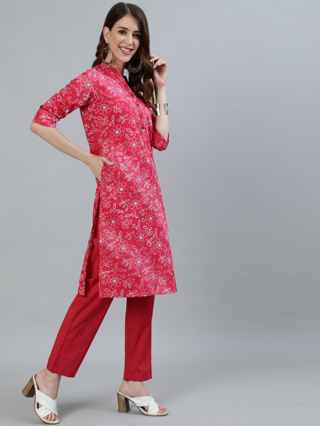 Ishin Women's Pink Bandhani Printed Straight Kurta With Trouser