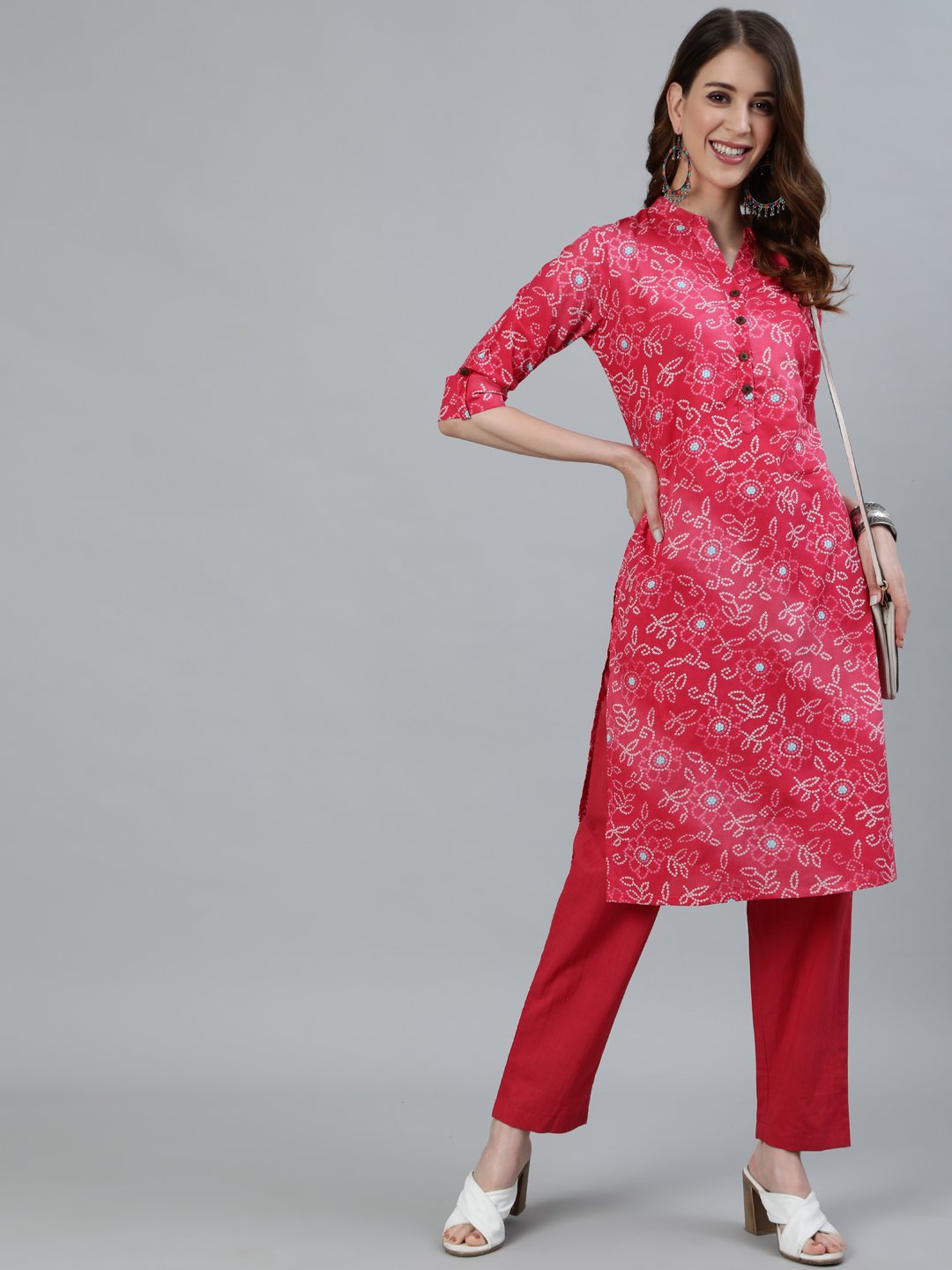 Ishin Women's Pink Bandhani Printed Straight Kurta With Trouser