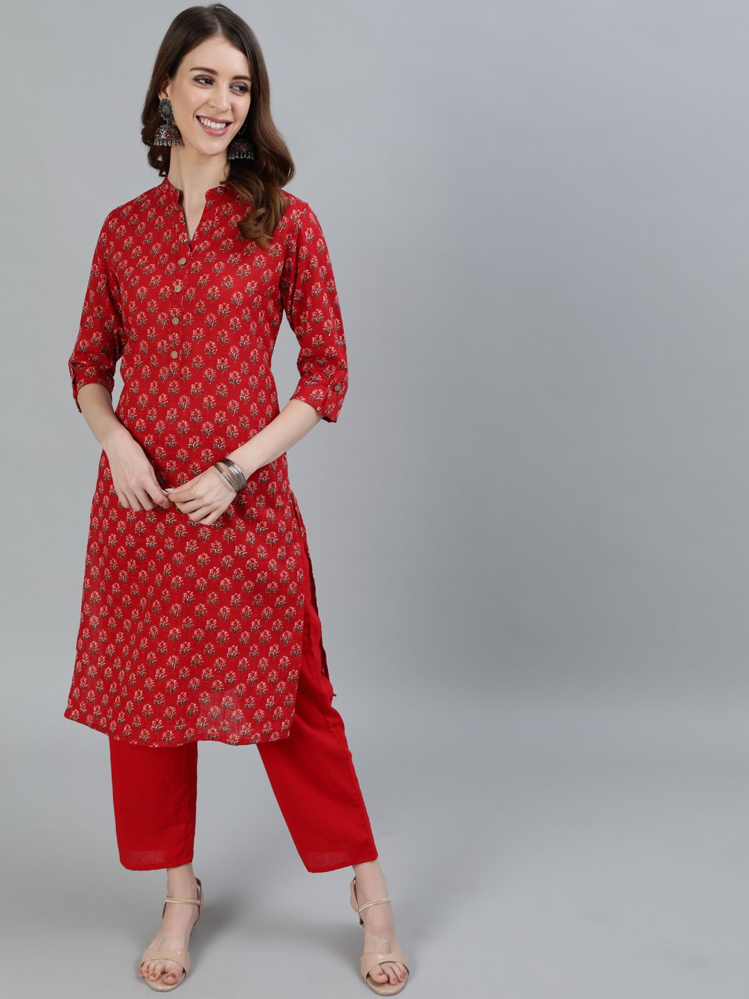 Ishin Women's Red Floral Printed Straight Kurta With Trouser