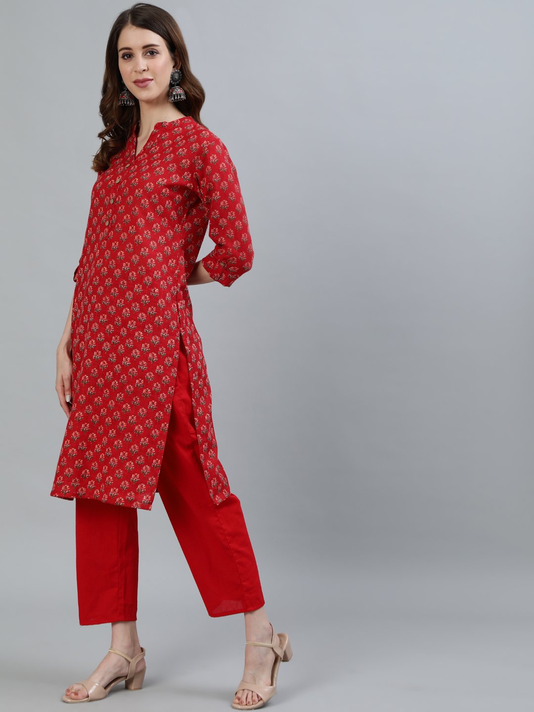 Ishin Women's Red Floral Printed Straight Kurta With Trouser