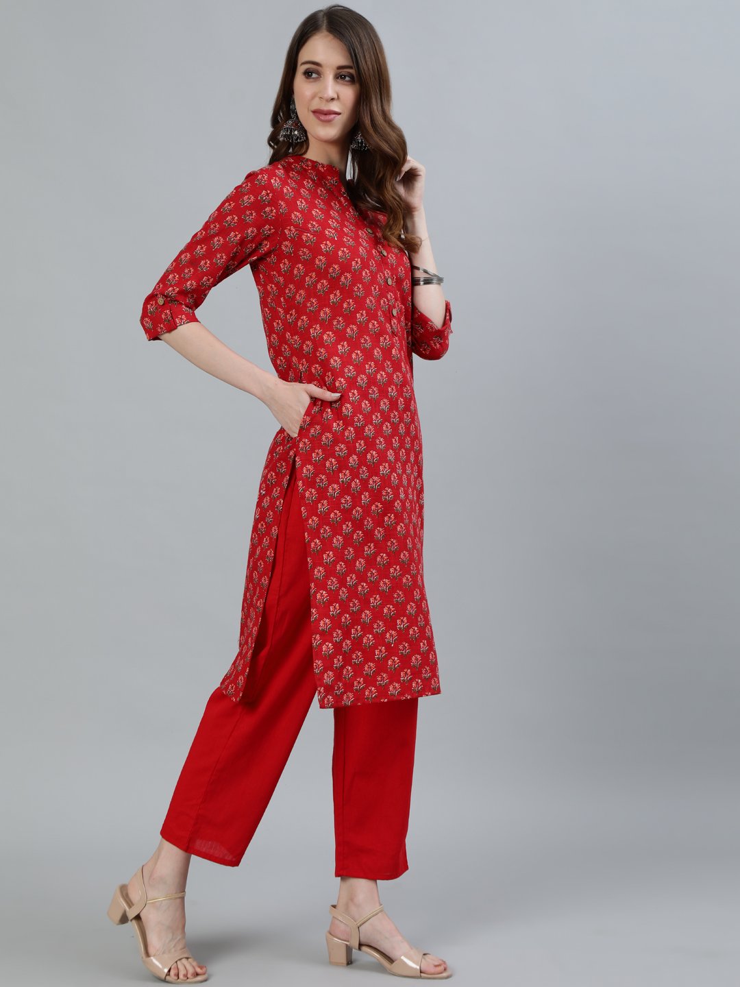 Ishin Women's Red Floral Printed Straight Kurta With Trouser