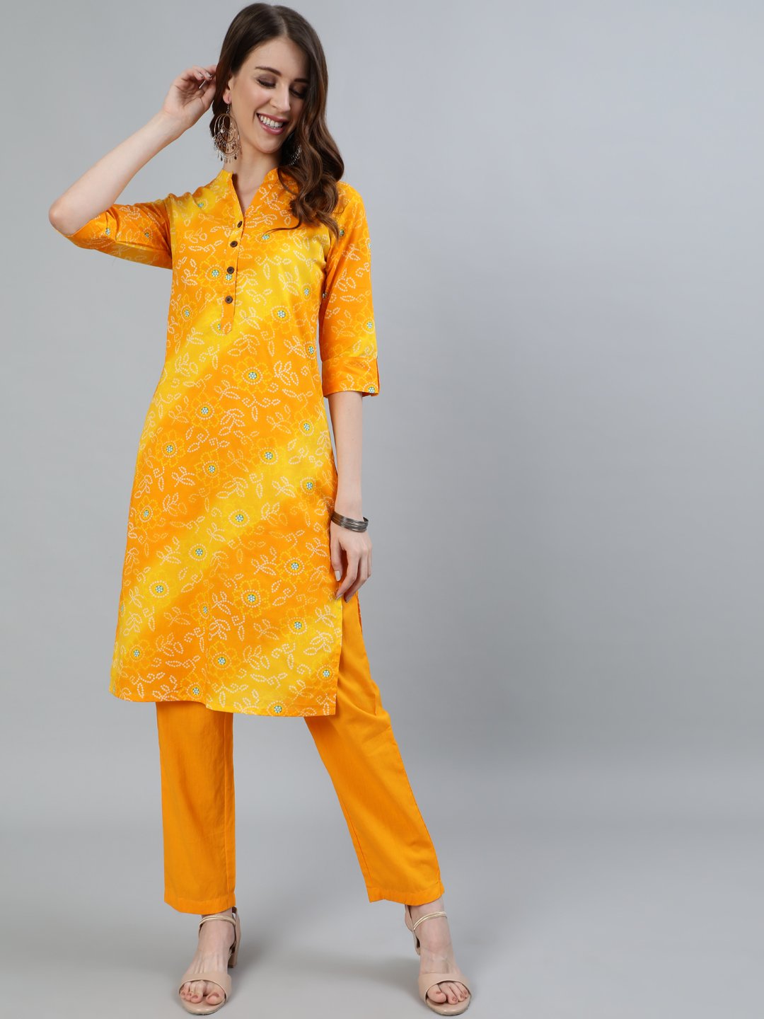 Ishin Women's Mustard Bandhani Printed Straight Kurta With Trouser