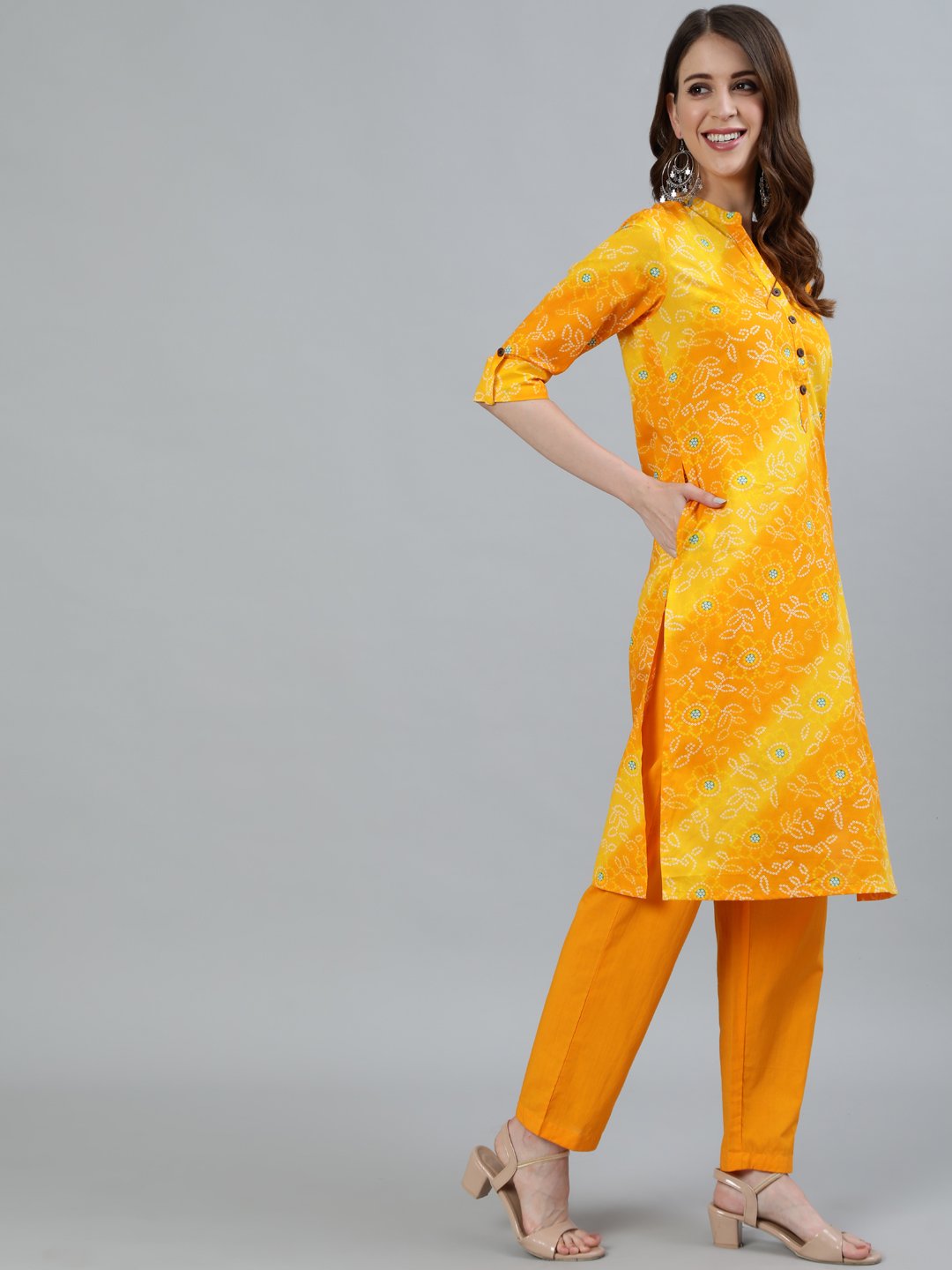 Ishin Women's Mustard Bandhani Printed Straight Kurta With Trouser