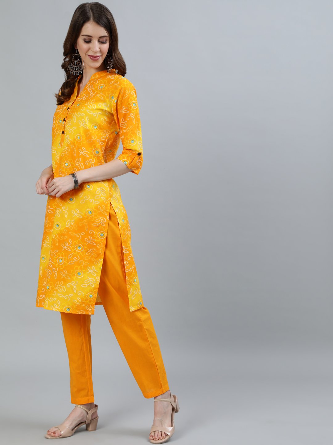 Ishin Women's Mustard Bandhani Printed Straight Kurta With Trouser