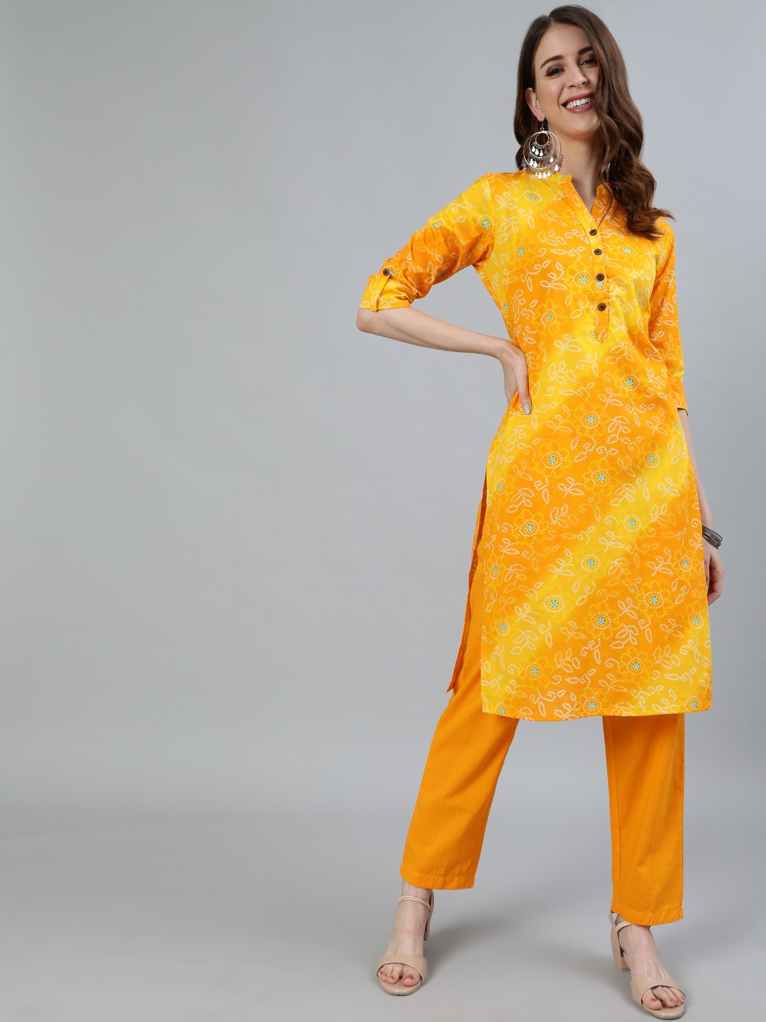 Ishin Women's Mustard Bandhani Printed Straight Kurta With Trouser