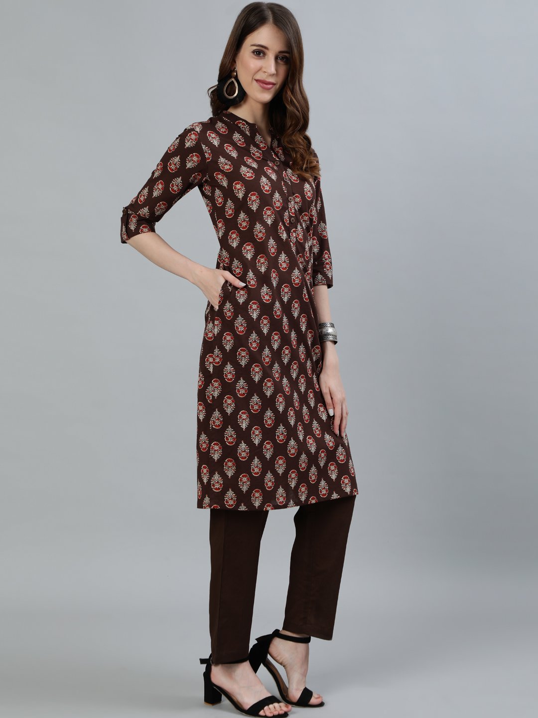 Ishin Women's Brown Floral Printed Straight Kurta With Trouser