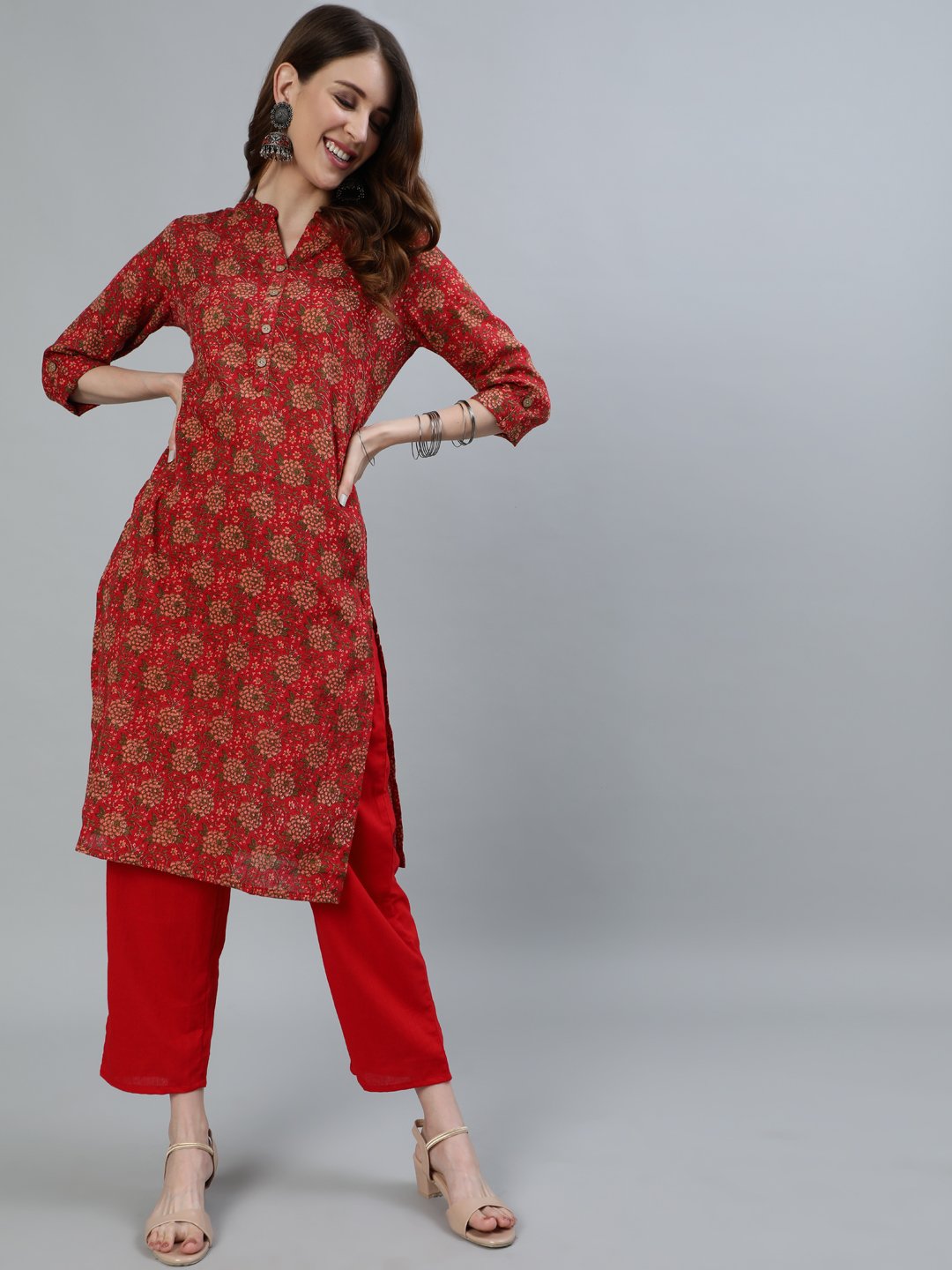 Ishin Women's Red Floral Printed Straight Kurta With Trouser