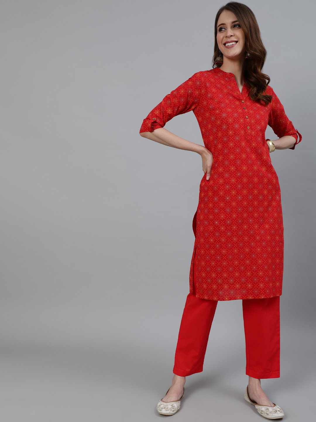 Ishin Women's Red Checks Printed Straight Kurta With Trouser