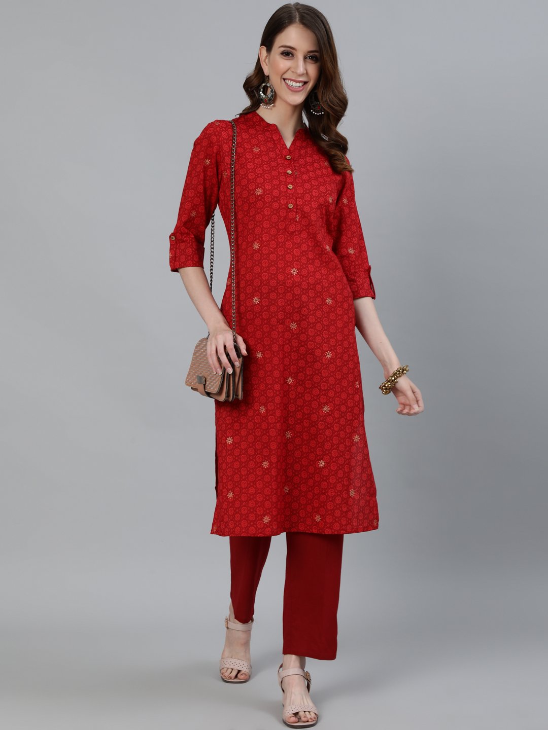 Ishin Women's Red Printed Straight Kurta With Trouser