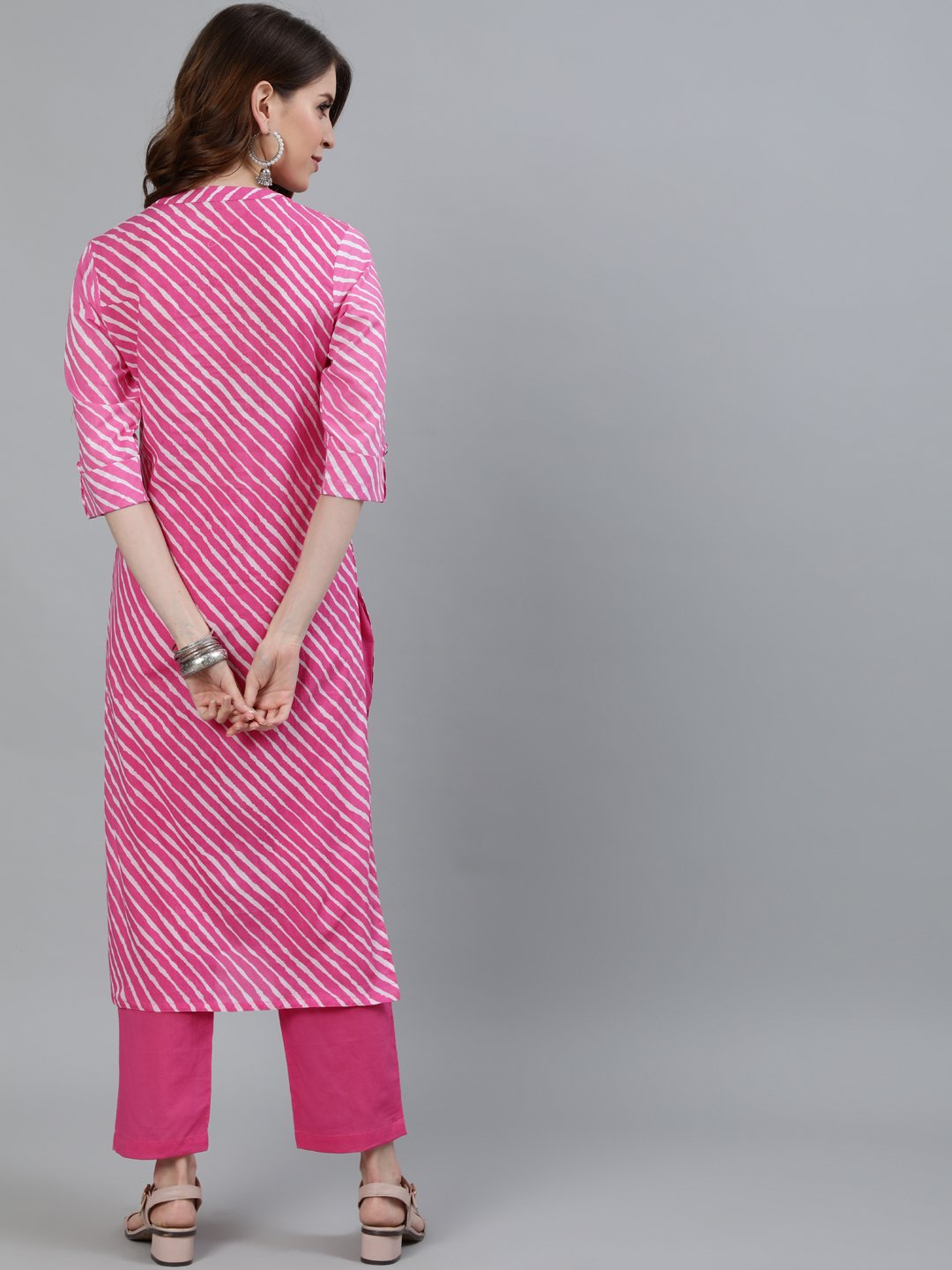 Ishin Women's Pink Leheriya Straight Kurta With Trouser