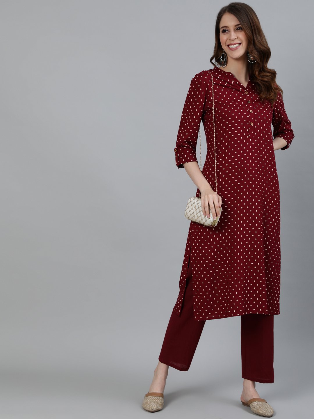 Ishin Women's Maroon Bandhani Printed Straight Kurta With Trouser