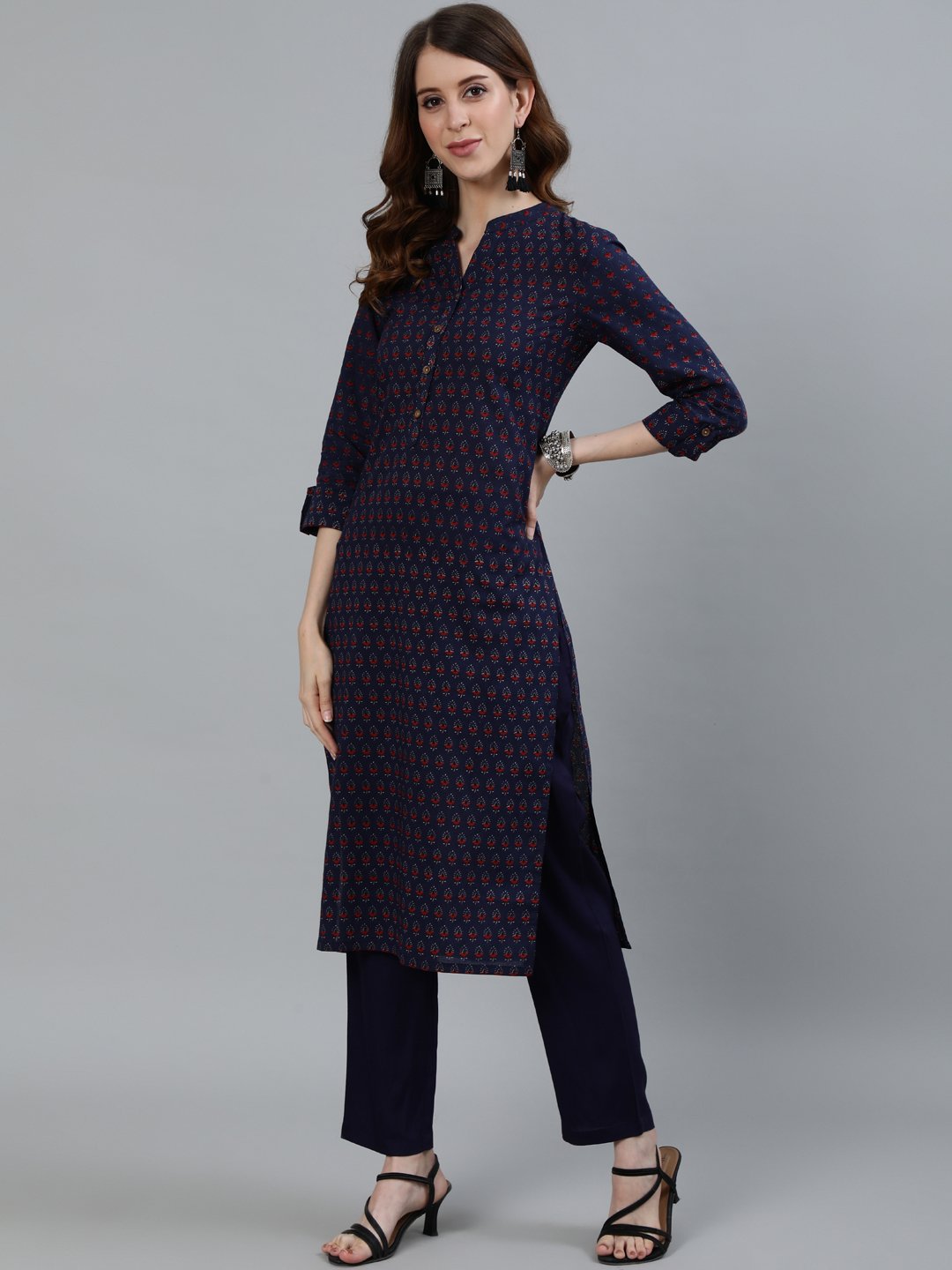 Ishin Women's Navy Blue Ethnic Motif Printed Straight Kurta With Trouser