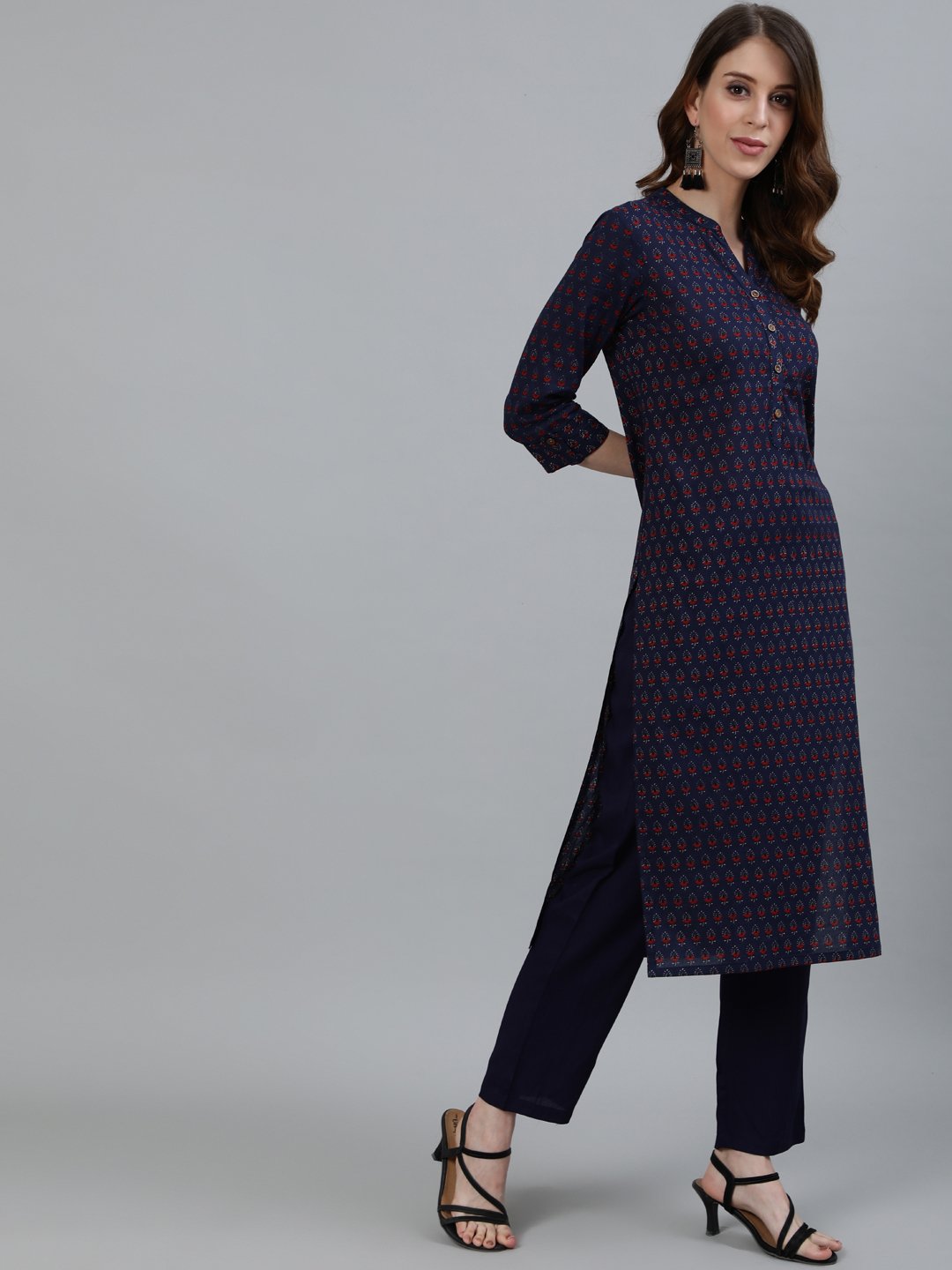 Ishin Women's Navy Blue Ethnic Motif Printed Straight Kurta With Trouser