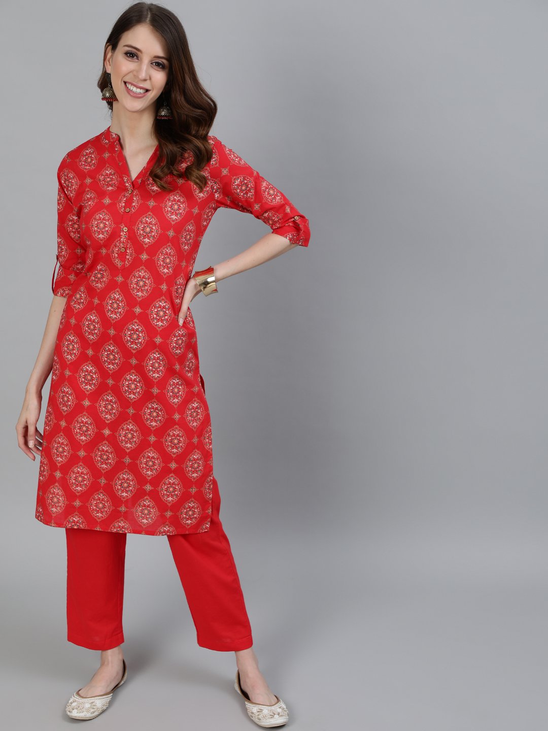 Ishin Women's Red Ethnic Motif Printed Straight Kurta With Trouser