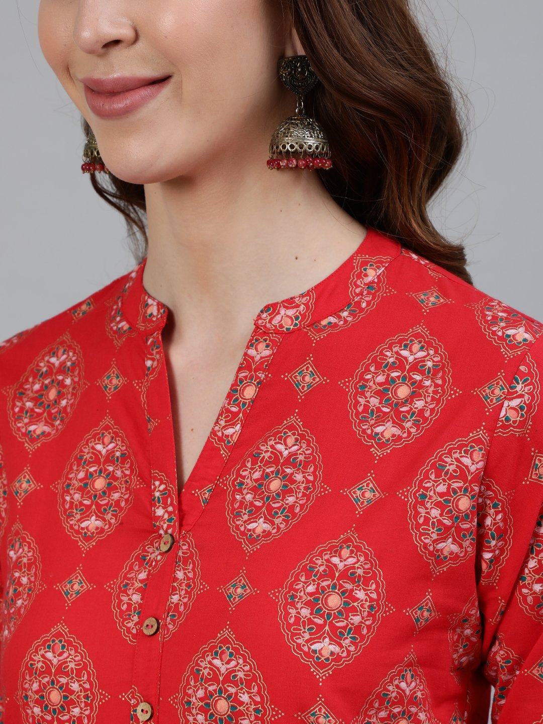 Ishin Women's Red Ethnic Motif Printed Straight Kurta With Trouser