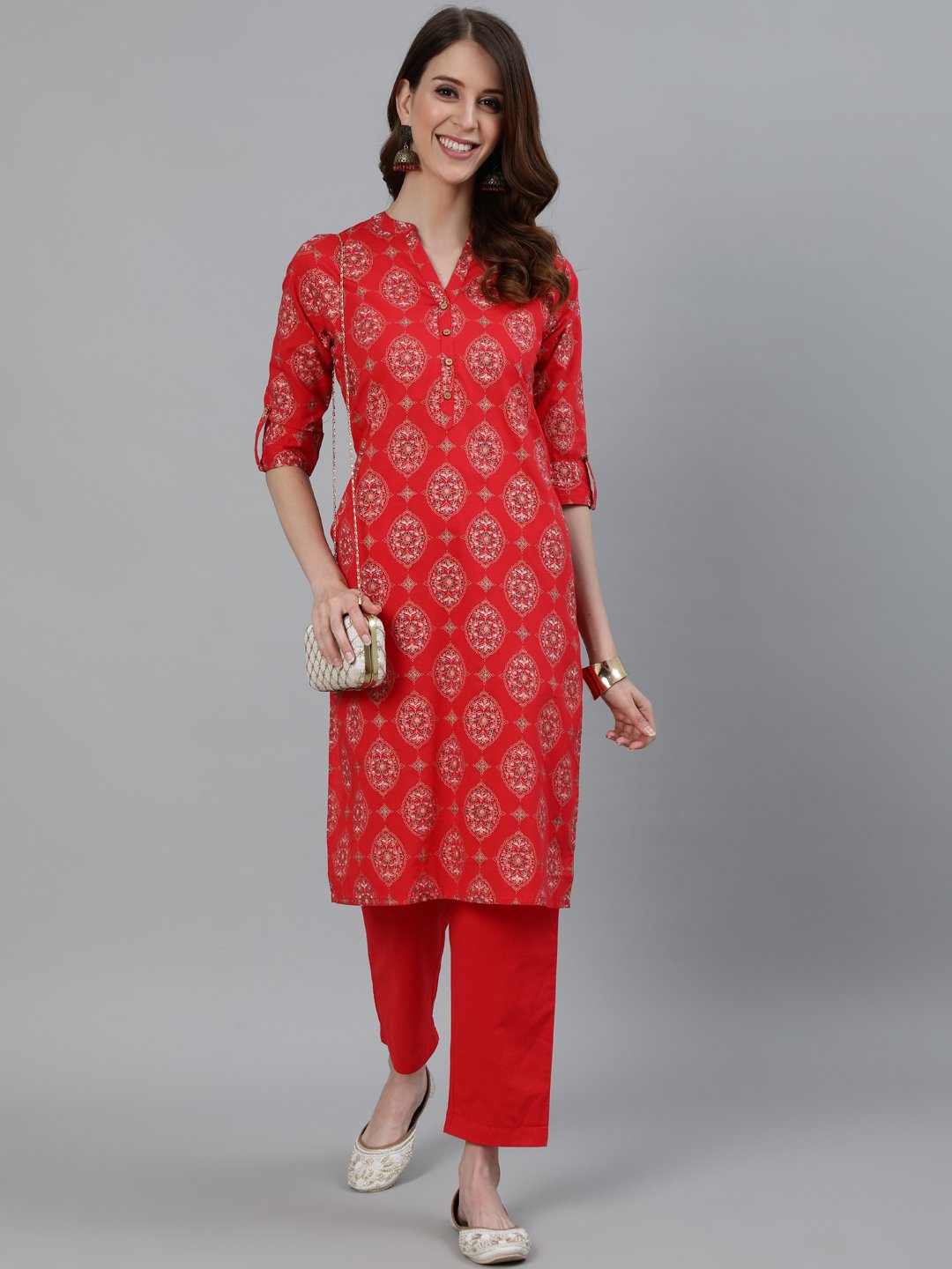 Ishin Women's Red Ethnic Motif Printed Straight Kurta With Trouser