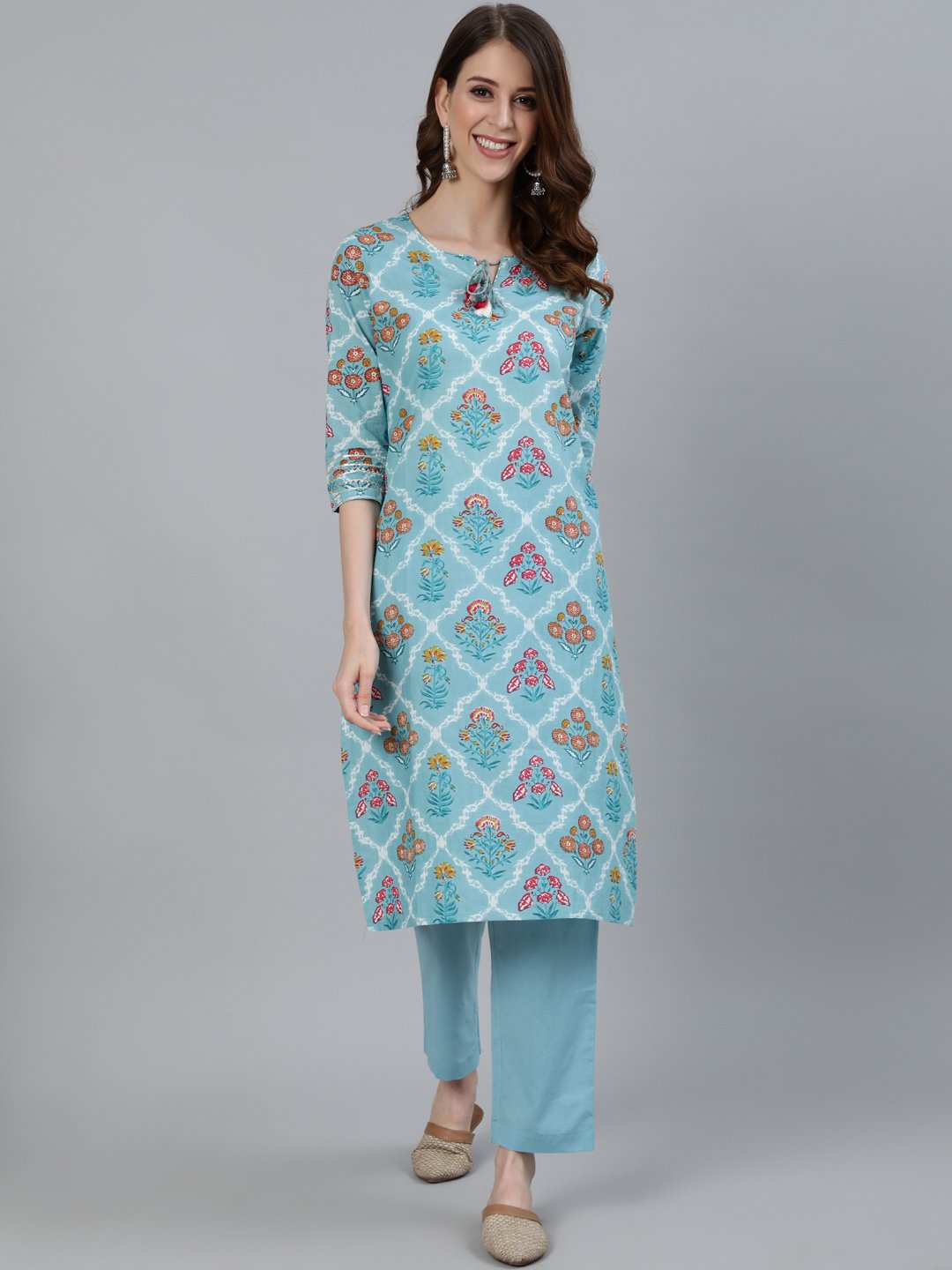 Ishin Women's Blue Floral Printed Straight Kurta With Trouser