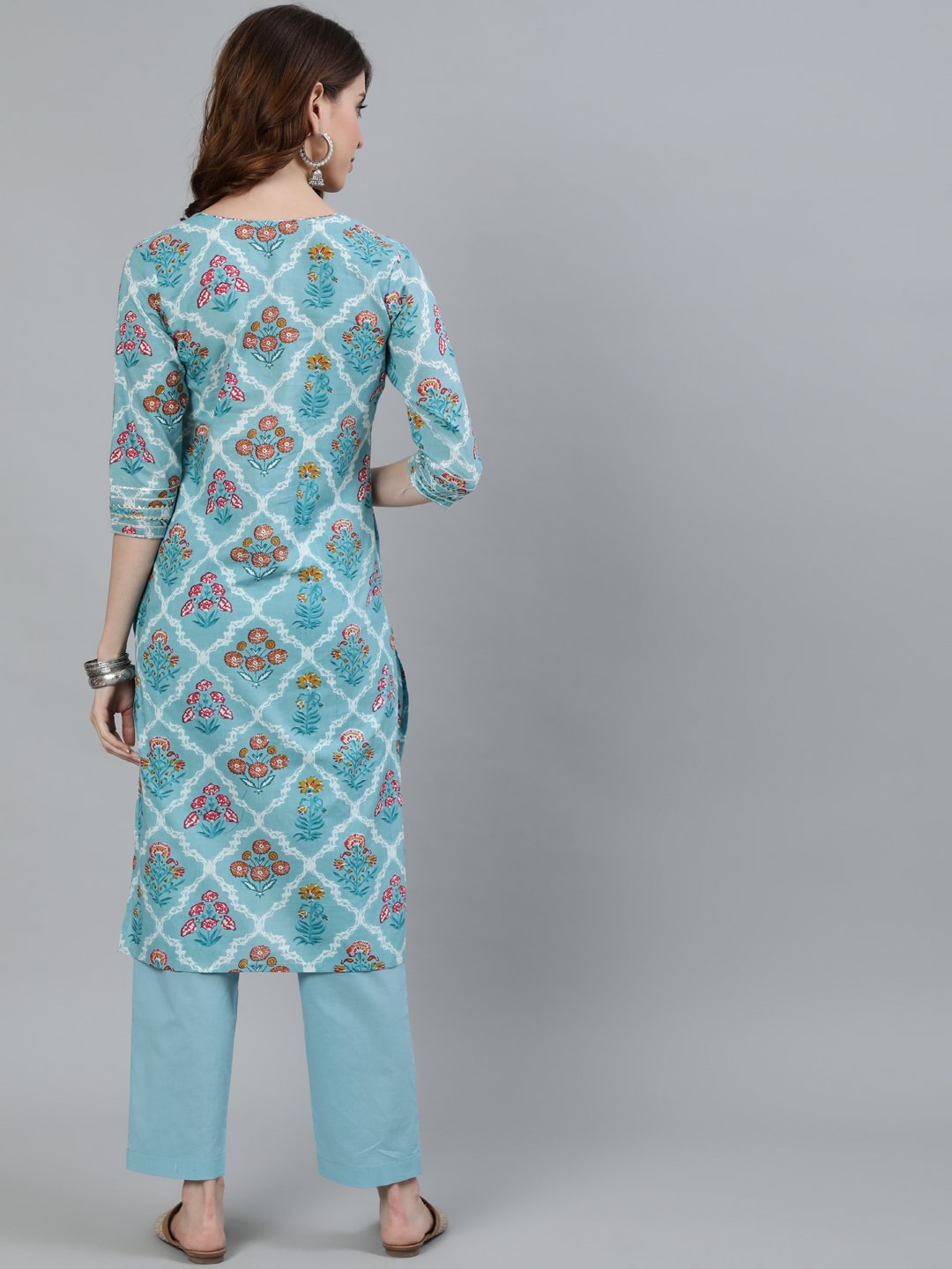 Ishin Women's Blue Floral Printed Straight Kurta With Trouser