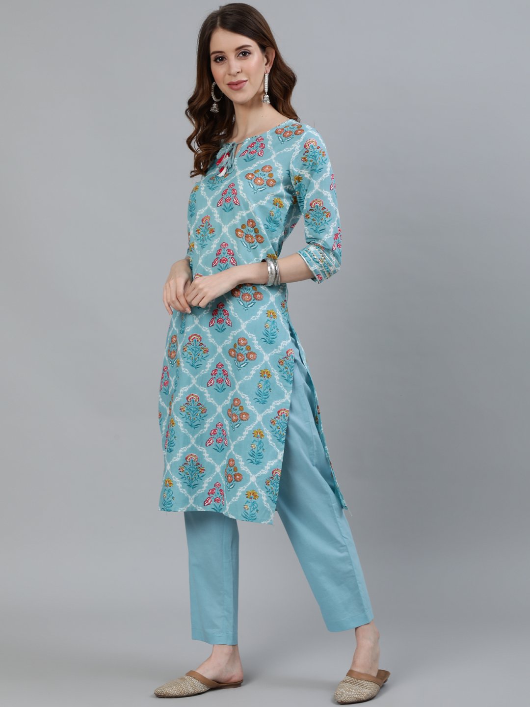 Ishin Women's Blue Floral Printed Straight Kurta With Trouser