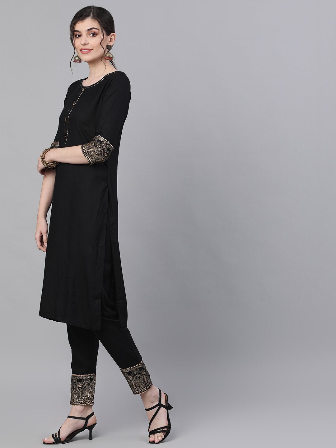 Comfy Black Rayon Straight Kurta Set with Gotta Patti Lace and Ethnic Motif Cotton Dupatta