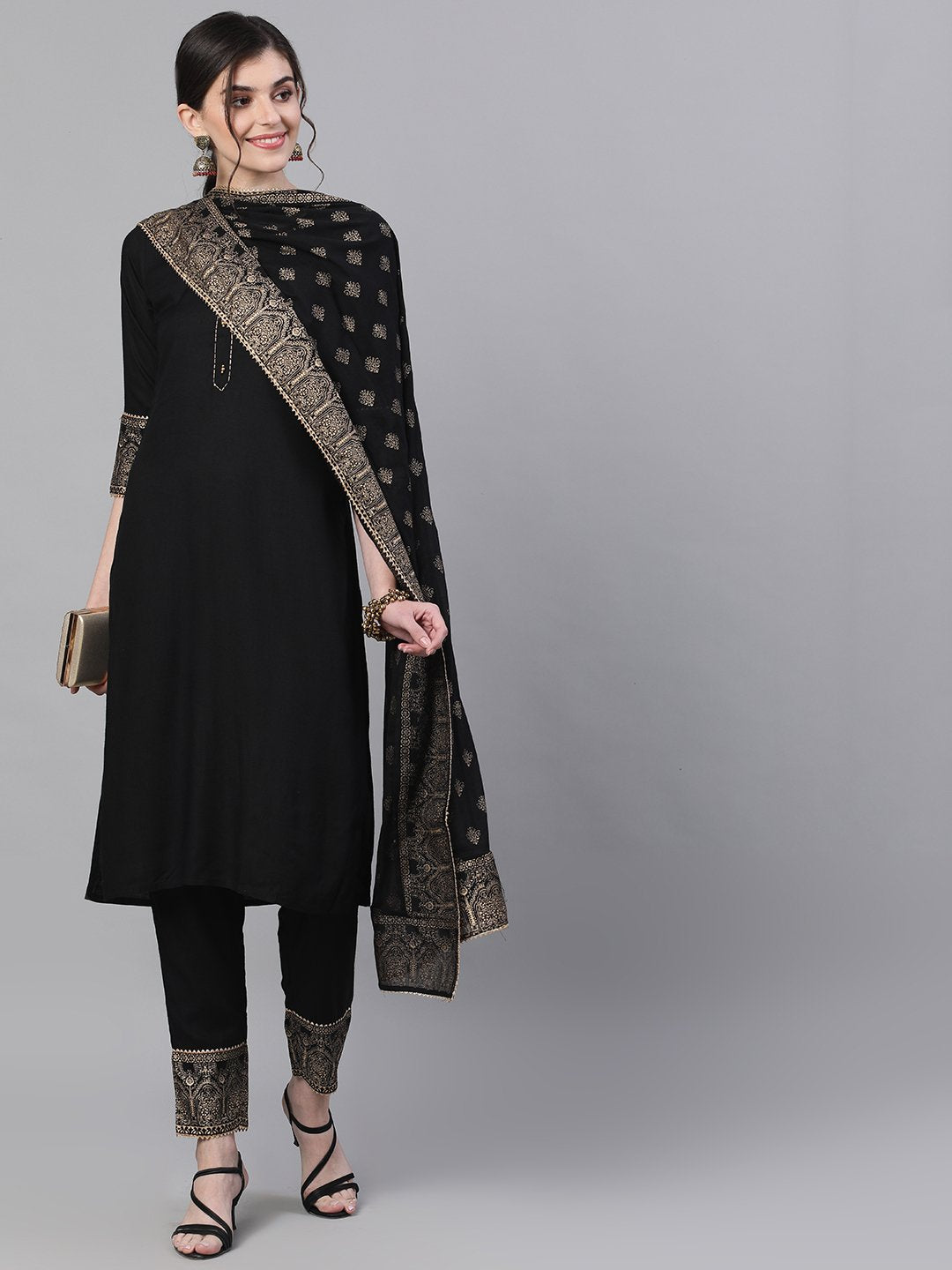 Comfy Black Rayon Straight Kurta Set with Gotta Patti Lace and Ethnic Motif Cotton Dupatta