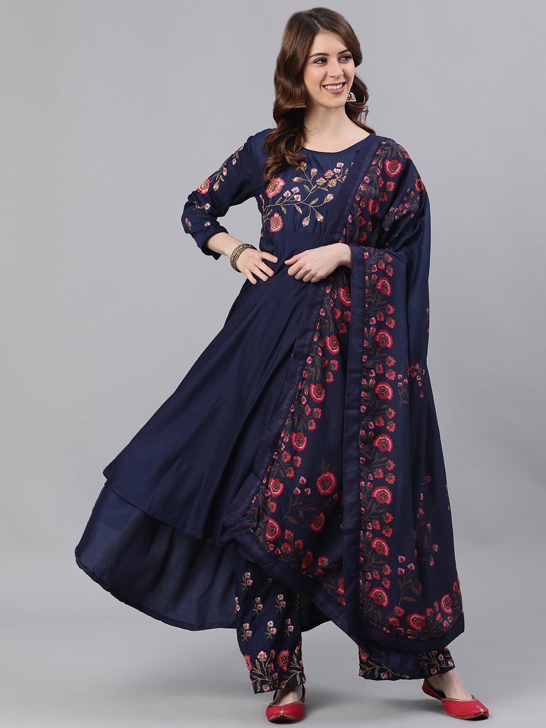 Ishin Women's Silk Navy Blue Zari Embroidered Anarkali Kurta Palazzo Dupatta Set