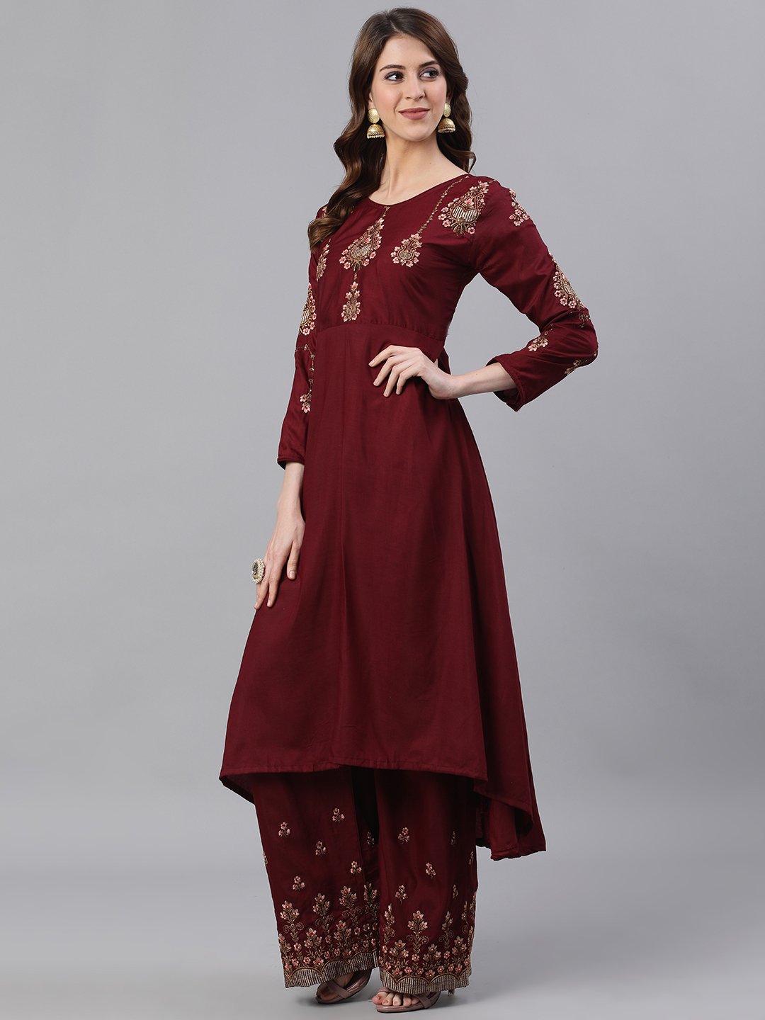 Ishin Women's Silk Maroon Zari Embroidered Anarkali Kurta Palazzo Dupatta Set