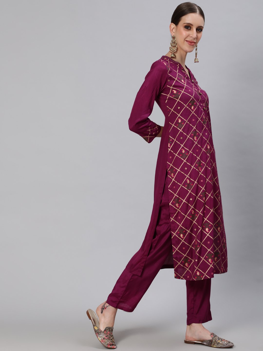 Ishin Women's Silk Blend Burgundy Foil Printed A-Line Kurta Trouser Dupatta Set