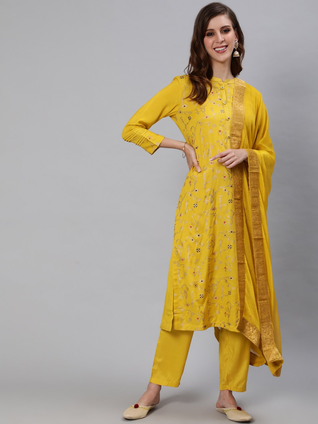 Ishin Women's Silk Blend Yellow Foil Printed A-Line Kurta Trouser Dupatta Set