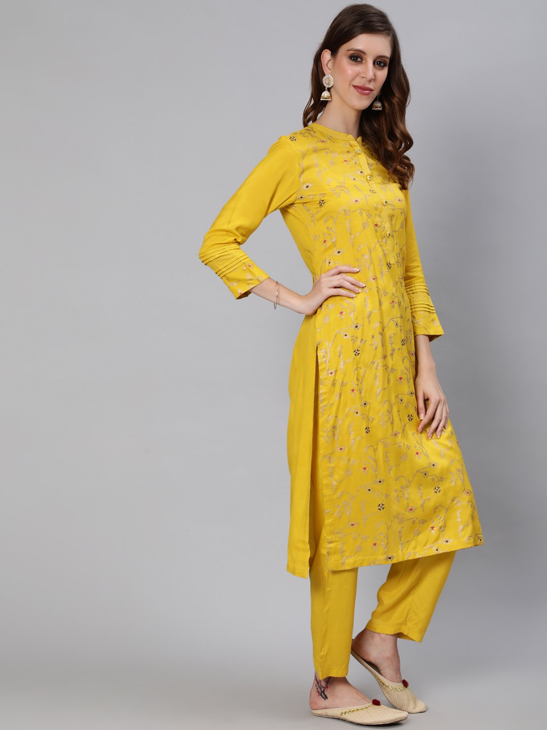 Ishin Women's Silk Blend Yellow Foil Printed A-Line Kurta Trouser Dupatta Set