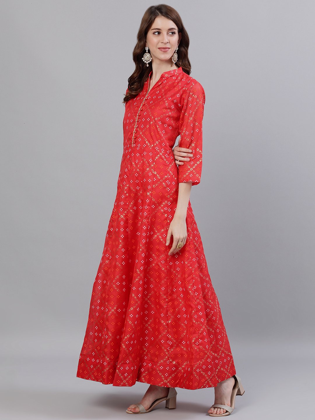 Ishin Women's Cotton Red Bandhani Printed Anarkali Dress