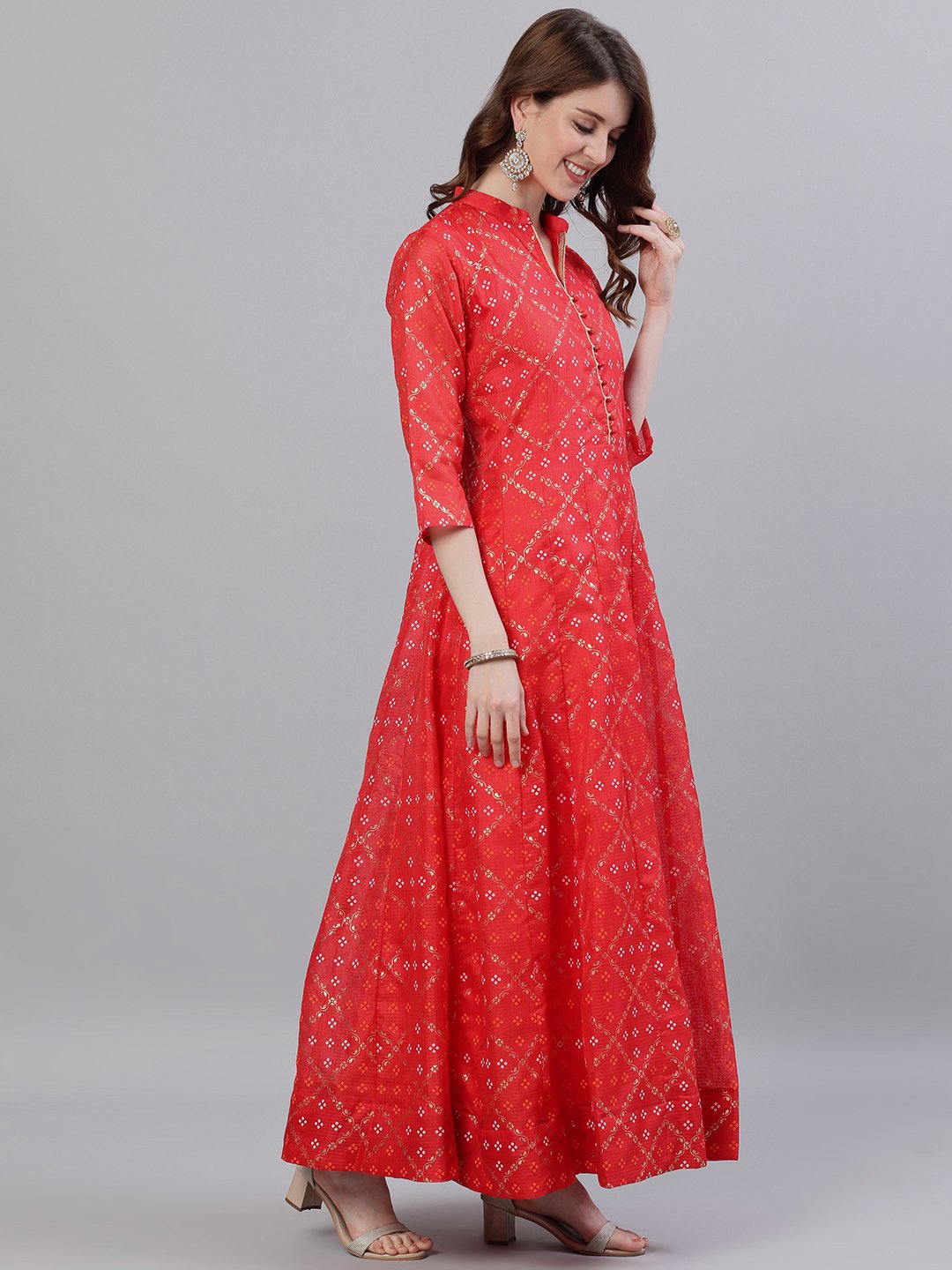 Ishin Women's Cotton Red Bandhani Printed Anarkali Dress